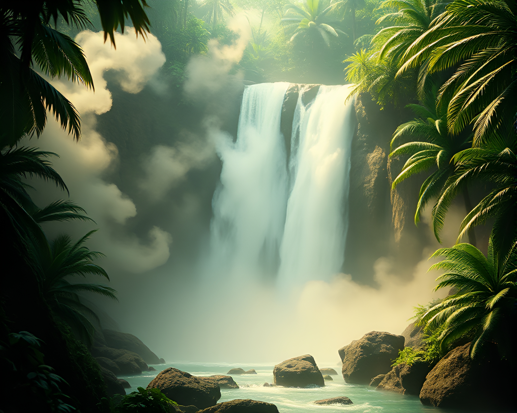 Tropical Waterfall Surreal Smoke Plume Swirls – free AI stock image