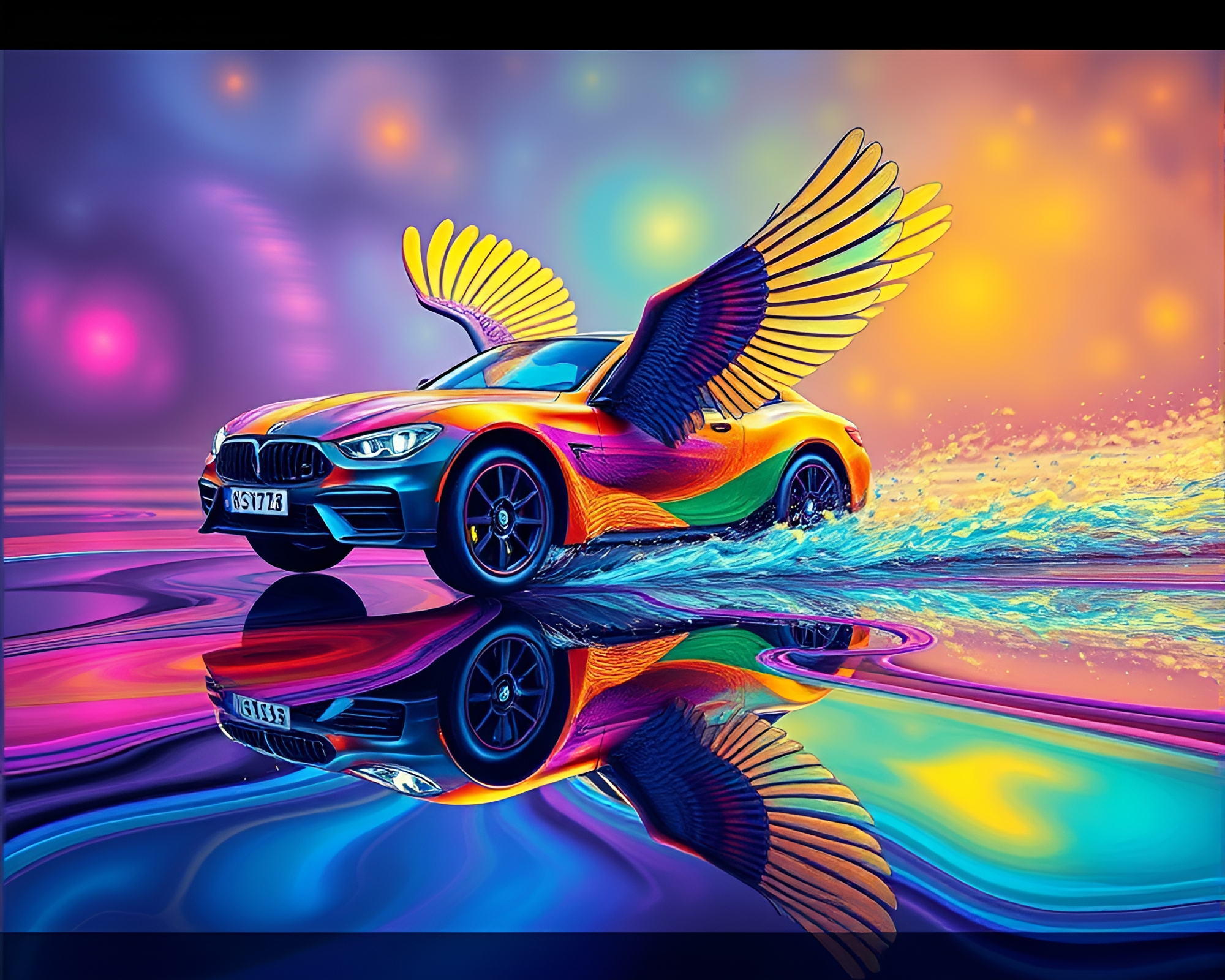 Flying Car Over Oil Slick Rainbow – free AI stock image
