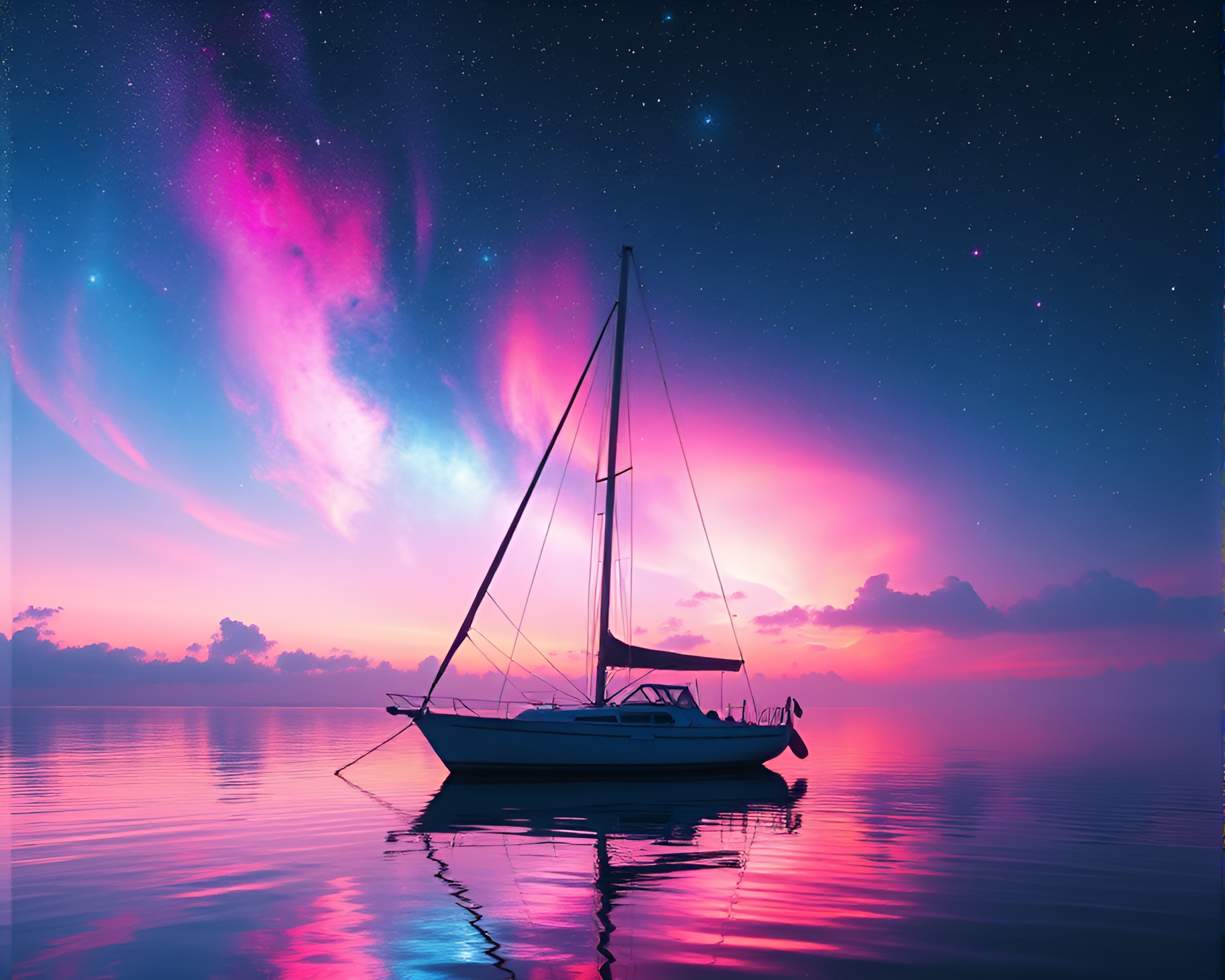Vaporwave Solar Sailboat Double Reflection – free AI stock image