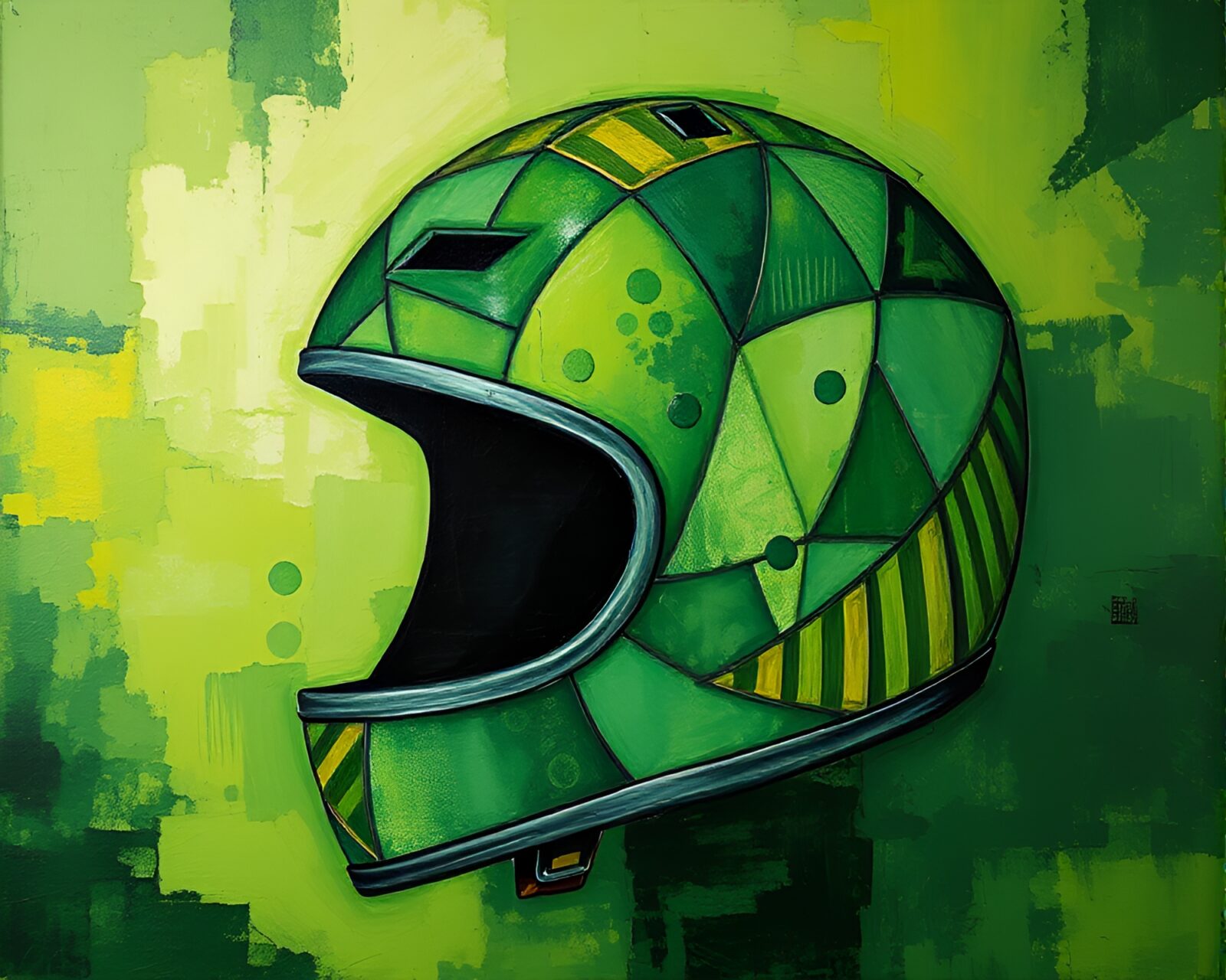 Abstract expressionist artwork of a geometric helmet in green haze