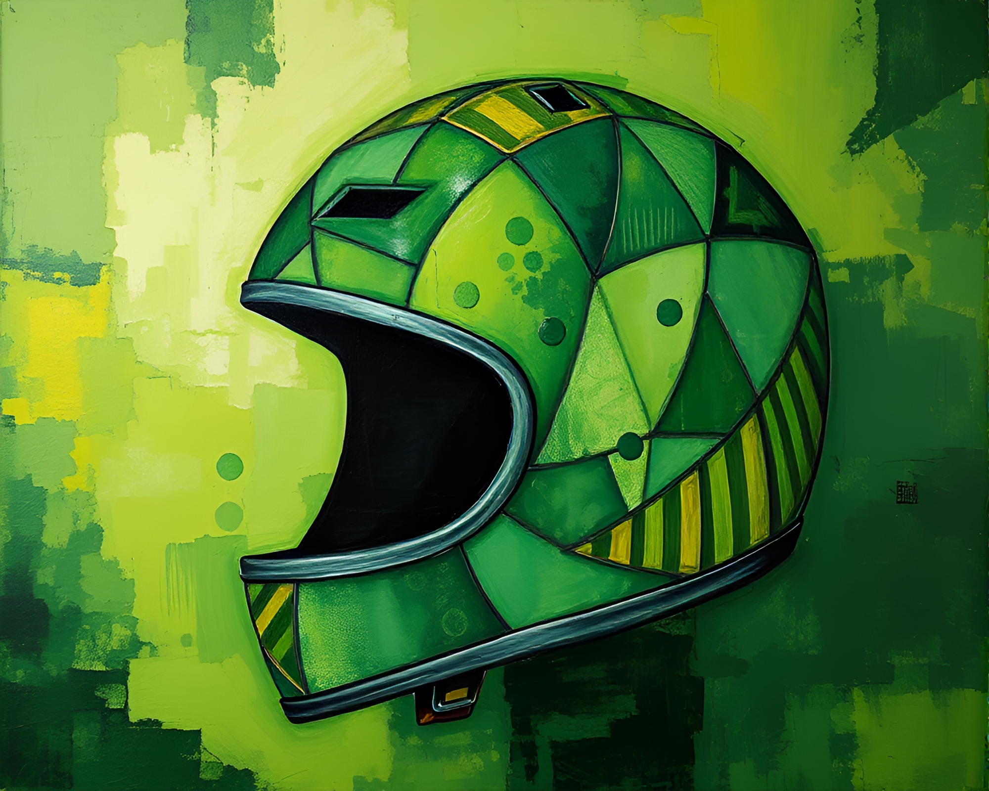 Helmet Geometry in Lush Rainforest Painting – free AI stock image