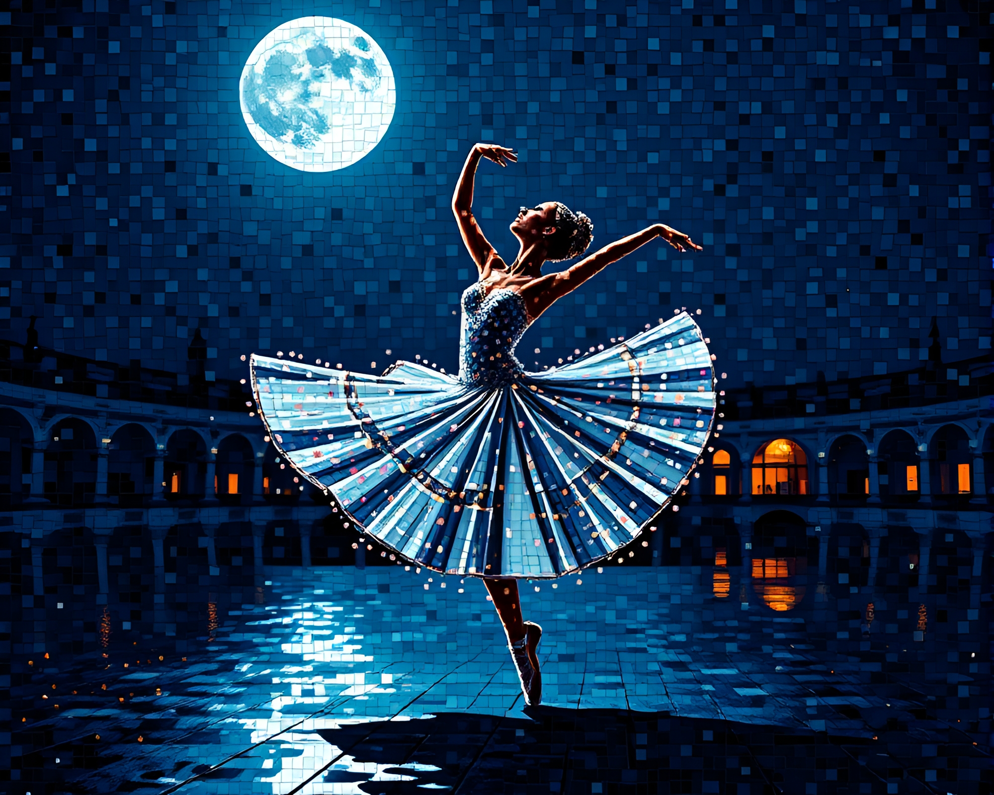 Moonlit Ballet: Mosaic Tiling Particle Simulation – free AI stock image