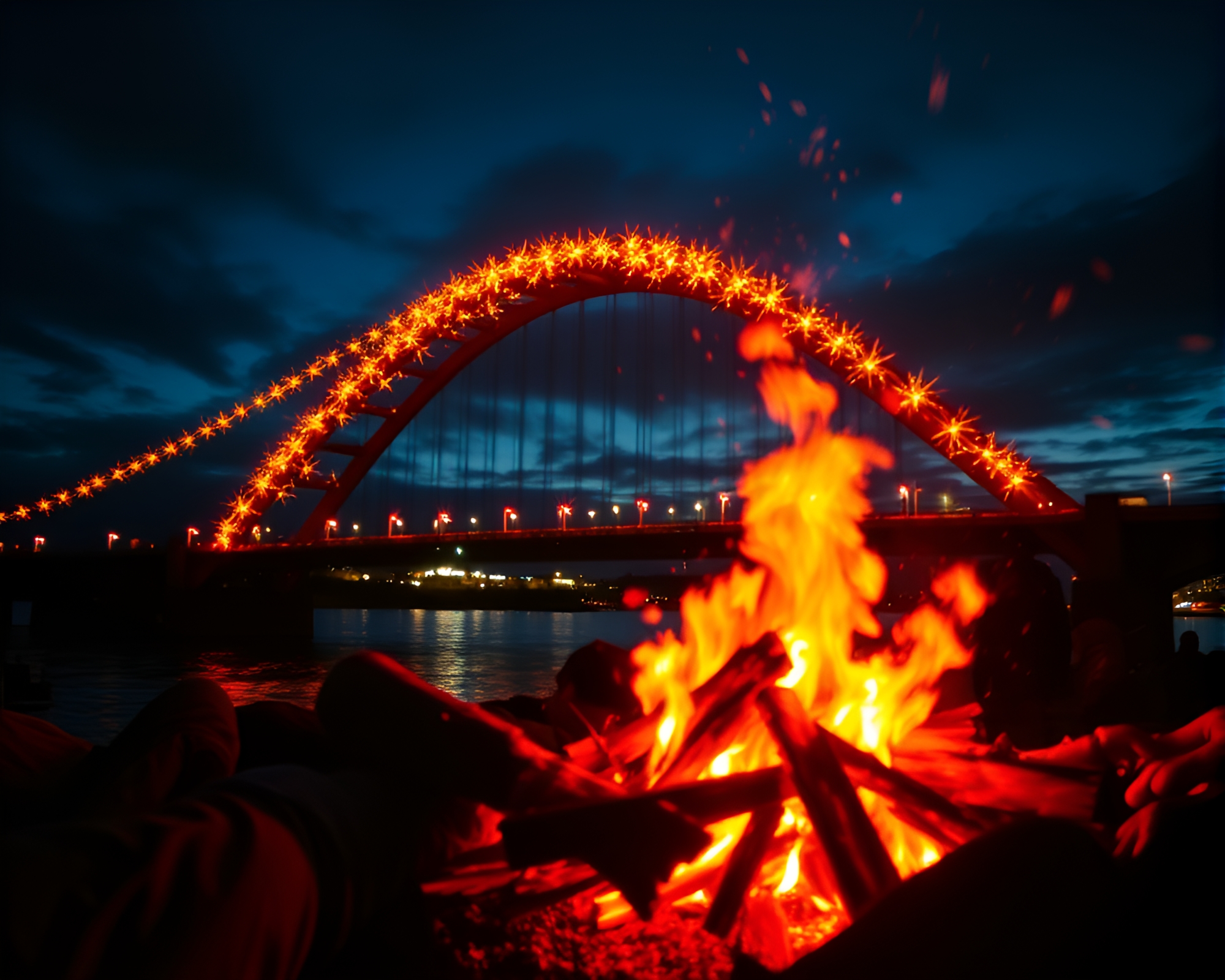 Digital glitch arch bridge bonfire – free AI stock image