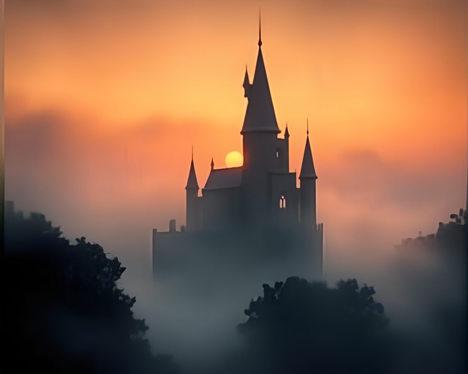 Mysterious castle enveloped in morning mist with cubist design