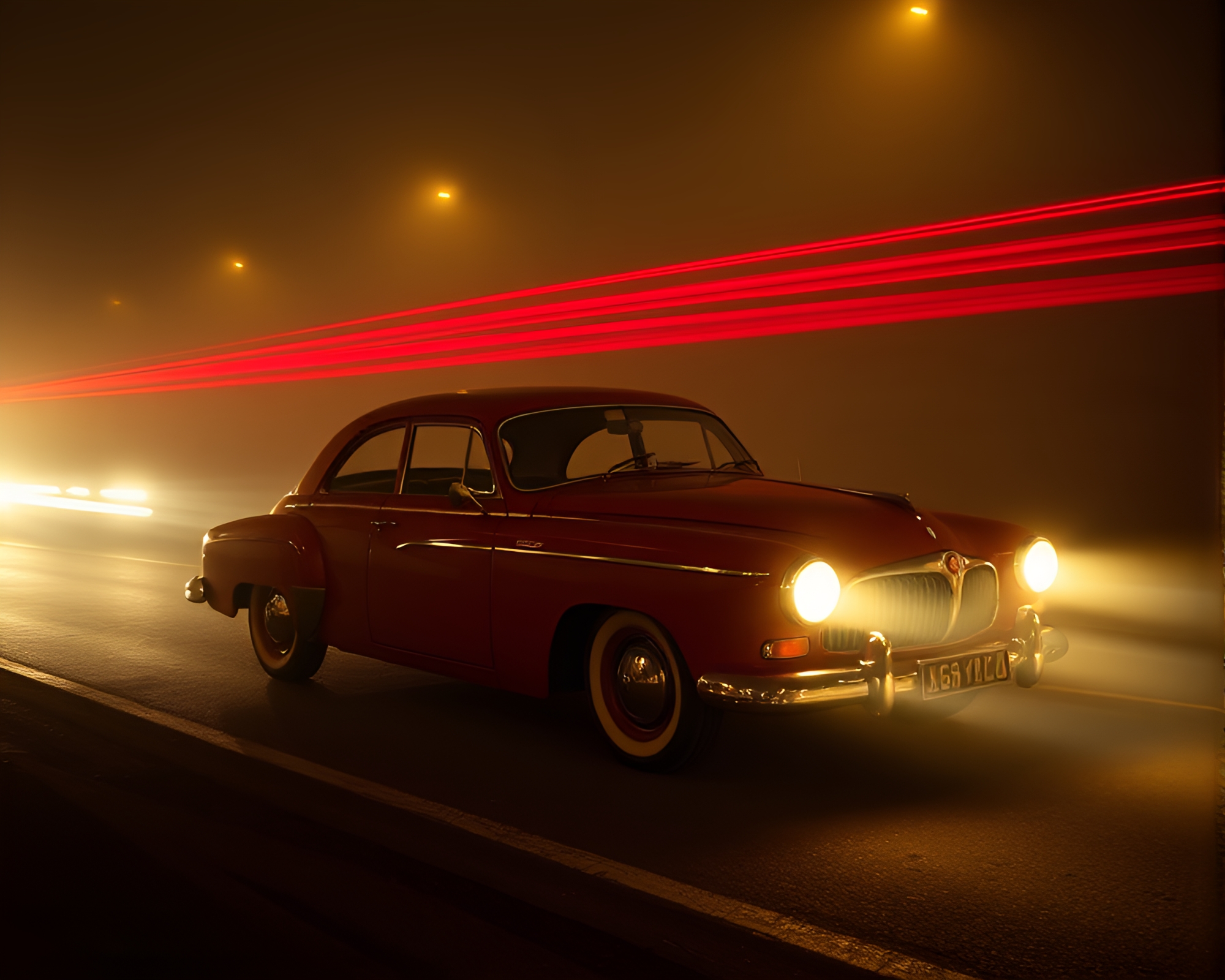 Vintage Car Trompe-l’oeil Light Trails in Misty Air – free AI stock image