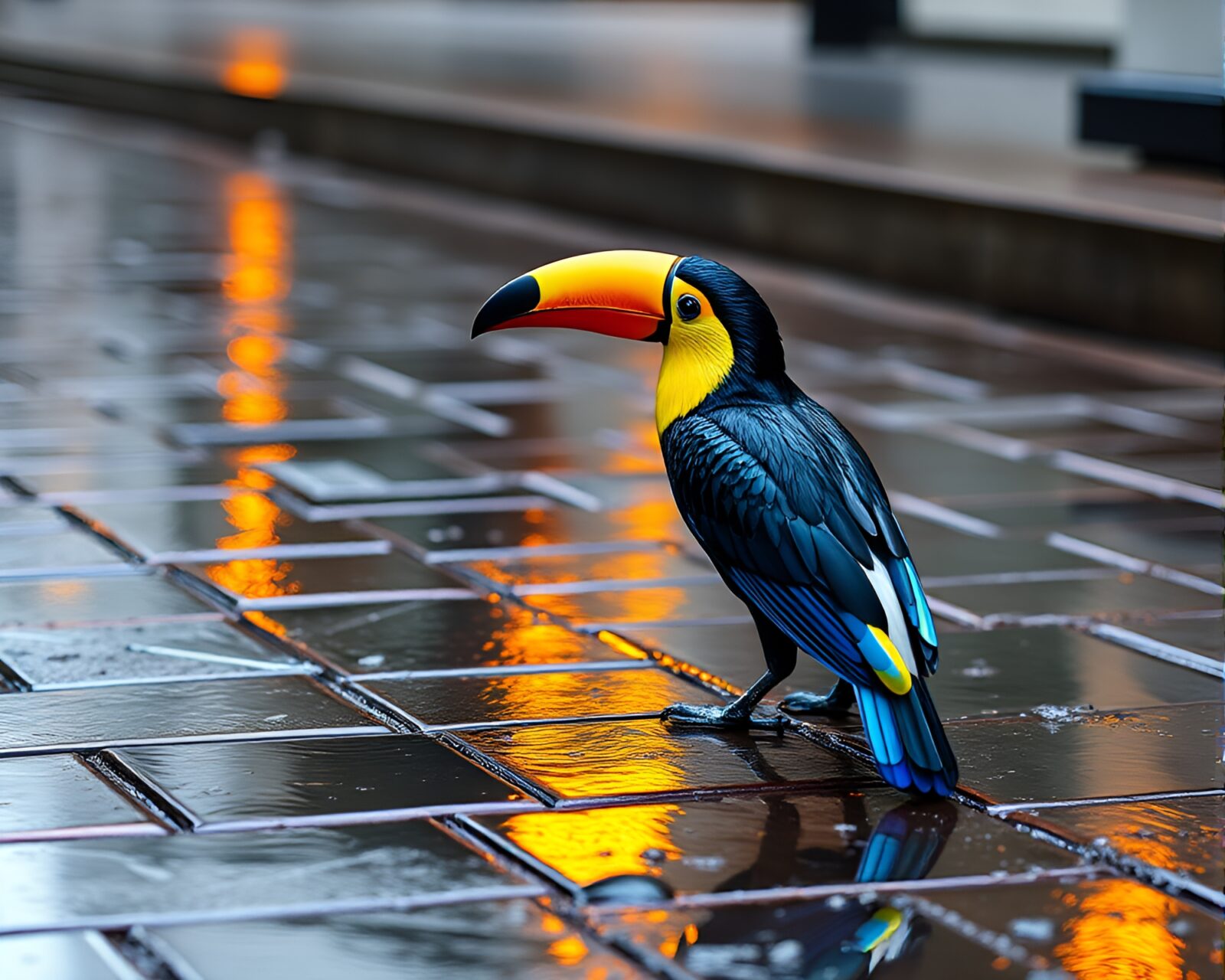 Colorful origami toucan reflecting metallic hues on rain-slickened pavement
