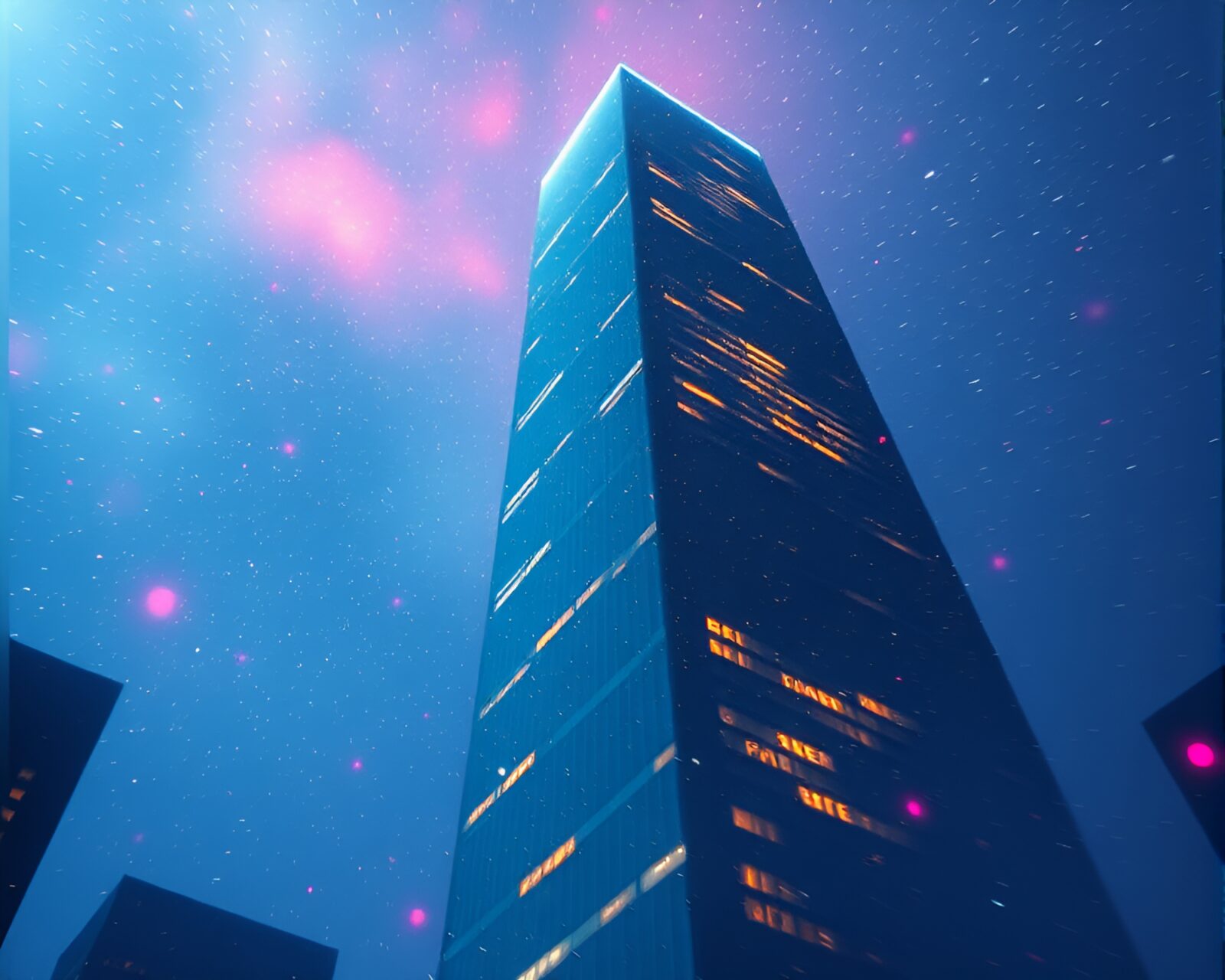 A mesmerizing stop-motion skyscraper surrounded by cosmic light leaks.