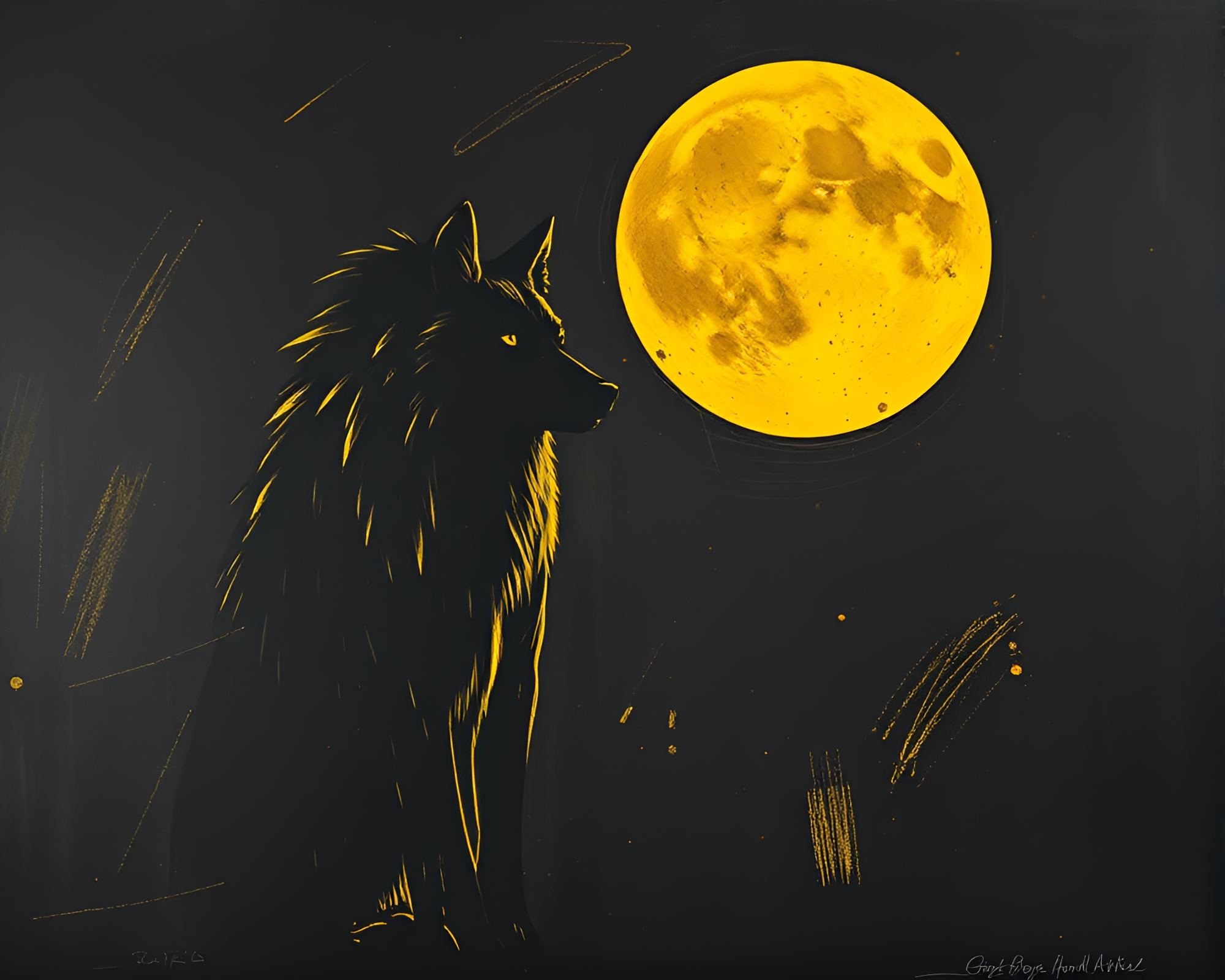 Moonlit Wolf howling in Retro Futurism monochrome – free AI stock image