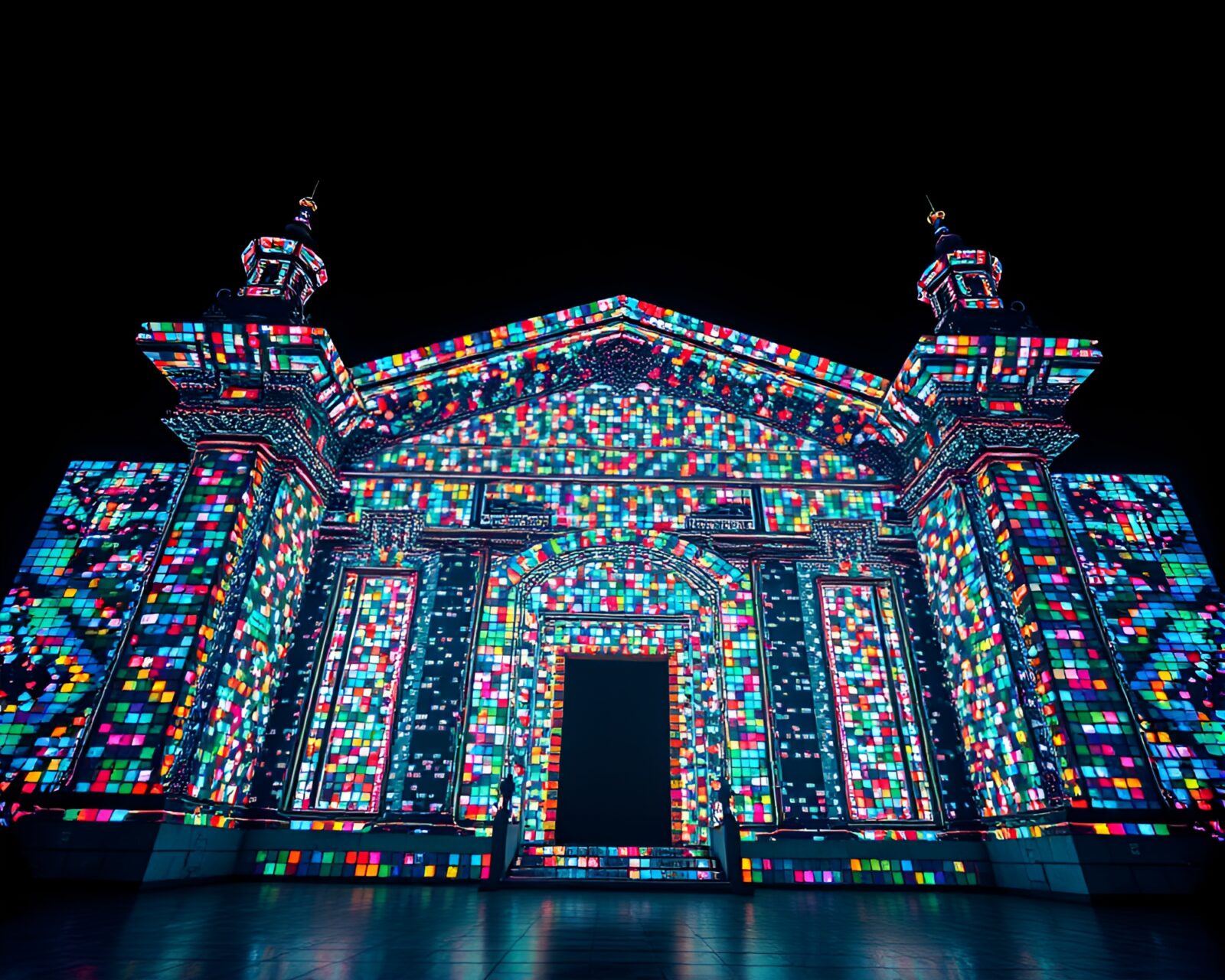 A high-angle shot of a magnificent temple in vibrant mosaic patterns under the flickering glow of a CRT screen.