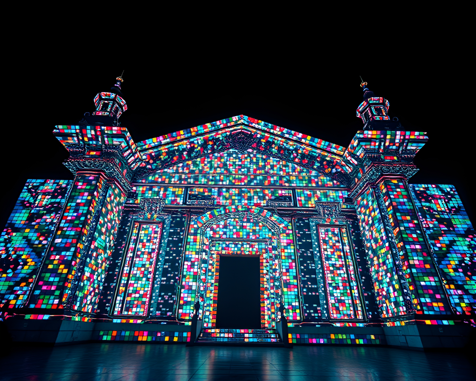 Mosaic Temple Bathed in CRT Flicker Light – free AI stock image