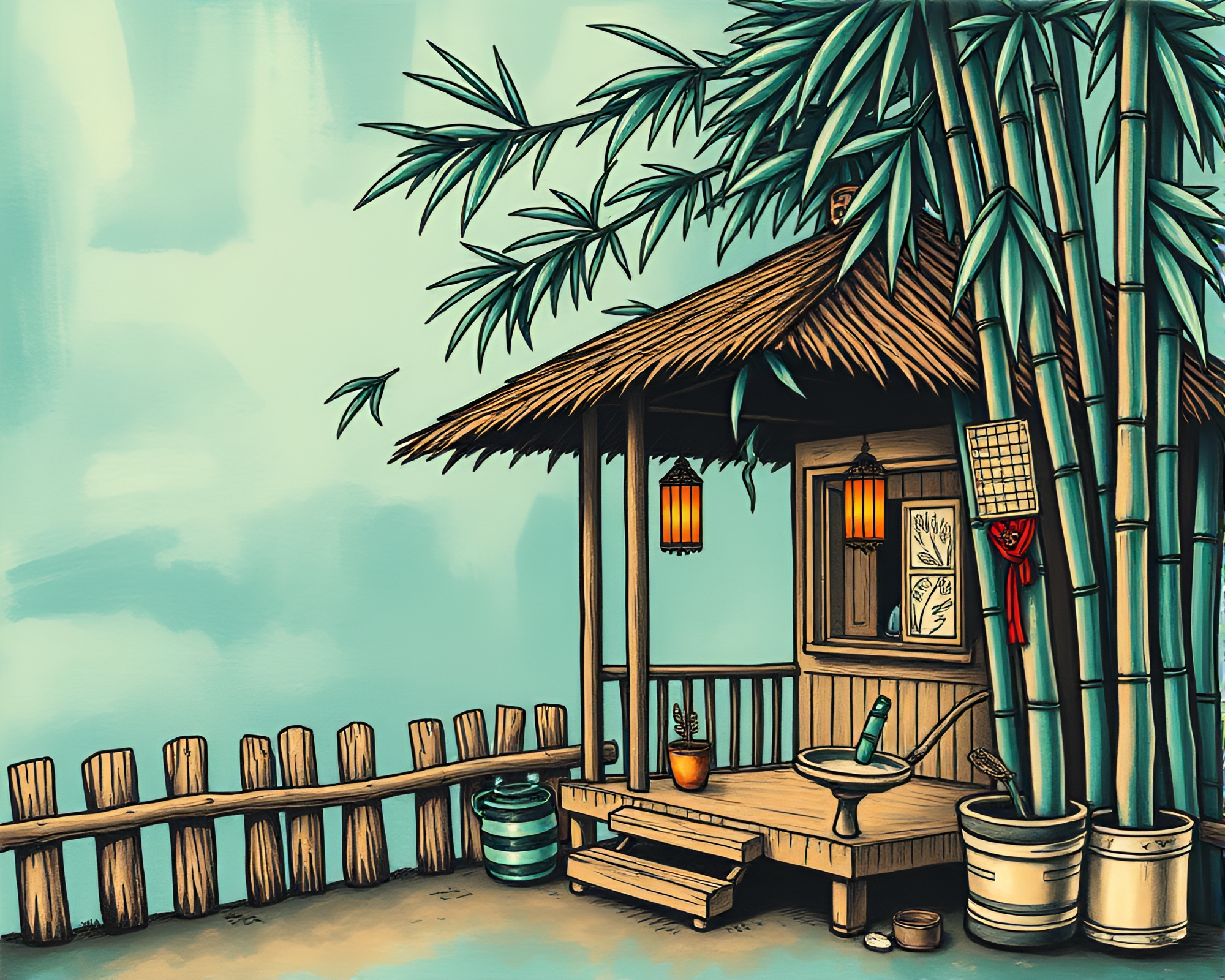 Bamboo Hut Street Art in Teal Serenity – free AI stock image