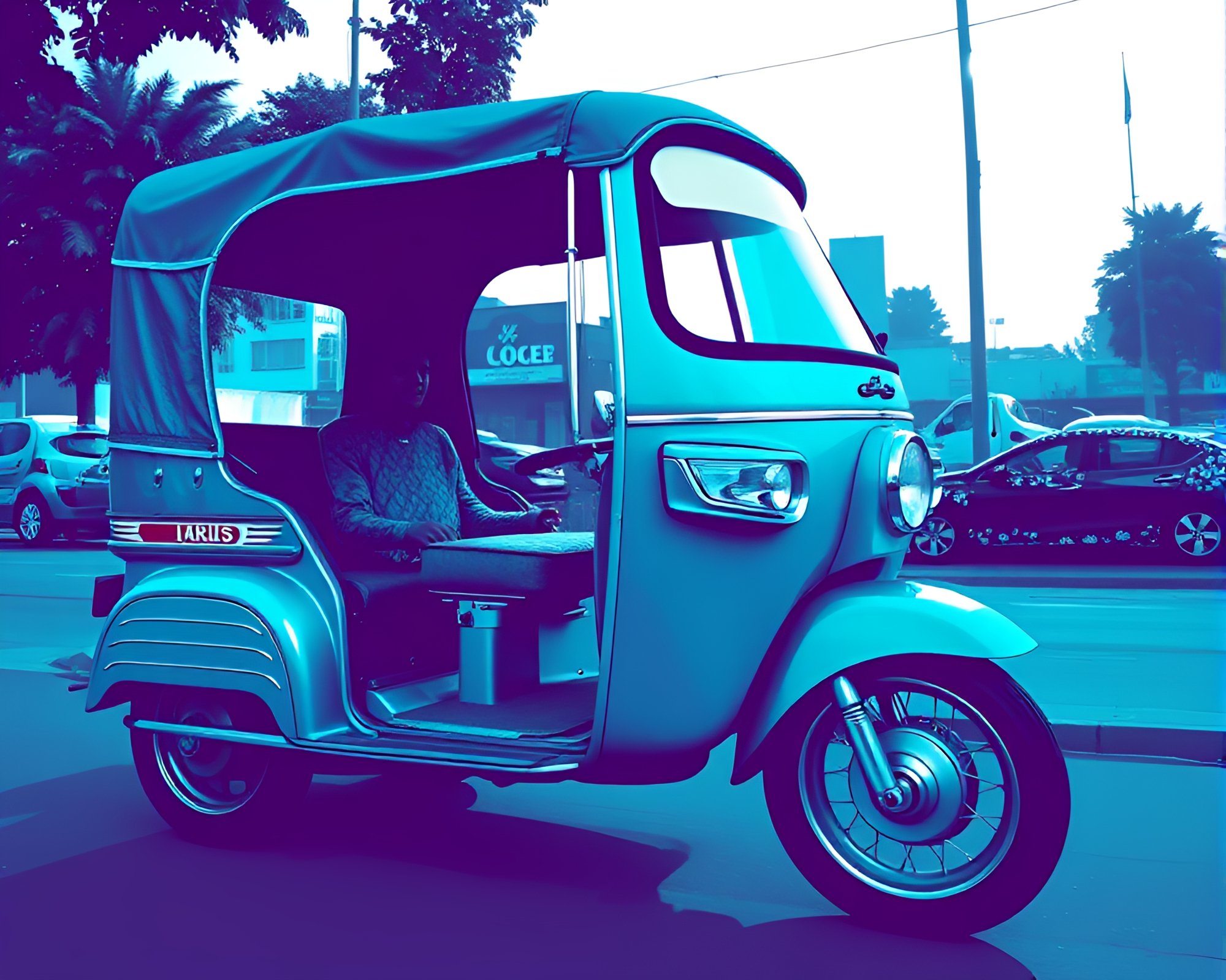 Teal Serenity Rickshaw Ride Across Vector Halftone Cityscape – free AI stock image