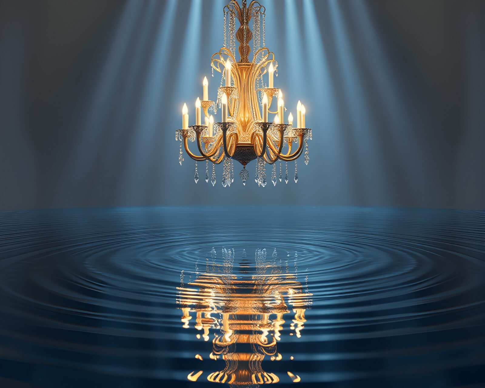 Intricate chandelier casting beautiful reflections on rippling water