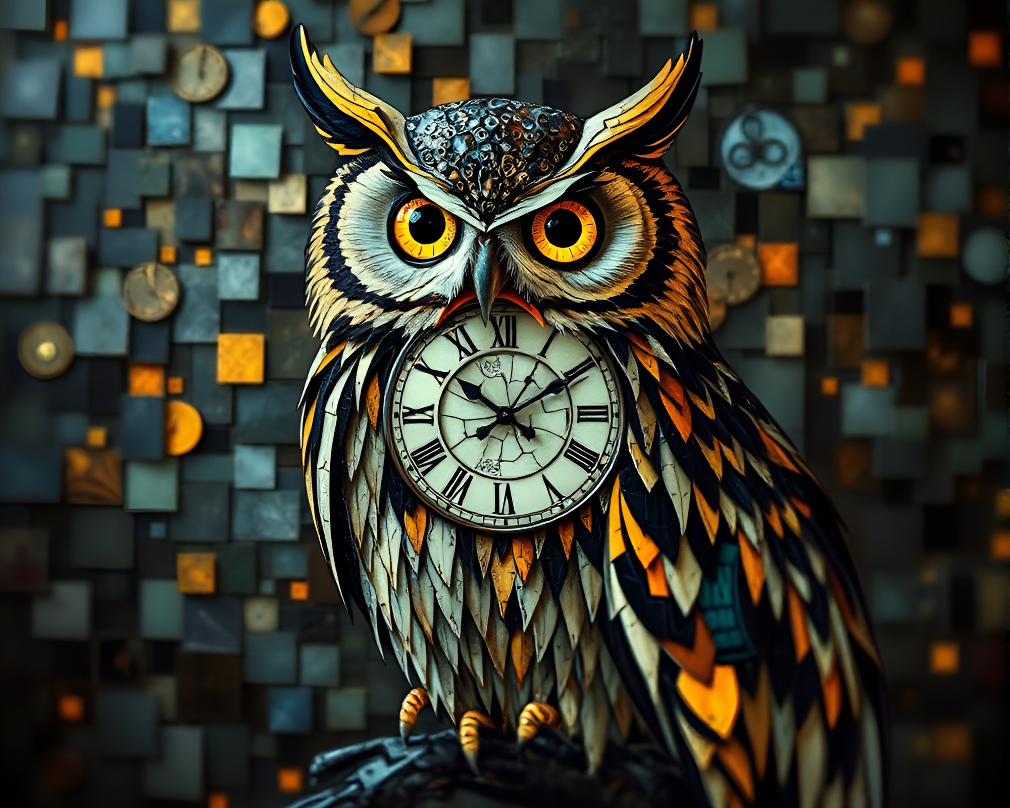 Clockwork Owl in Fragmented Mosaic Art – free AI stock image