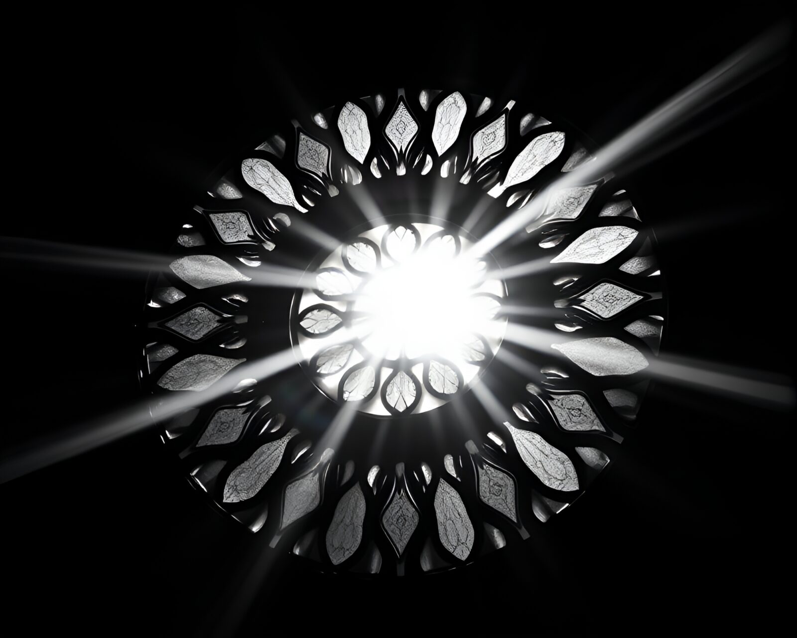 Fantastical line art of sunburst through stained-glass window