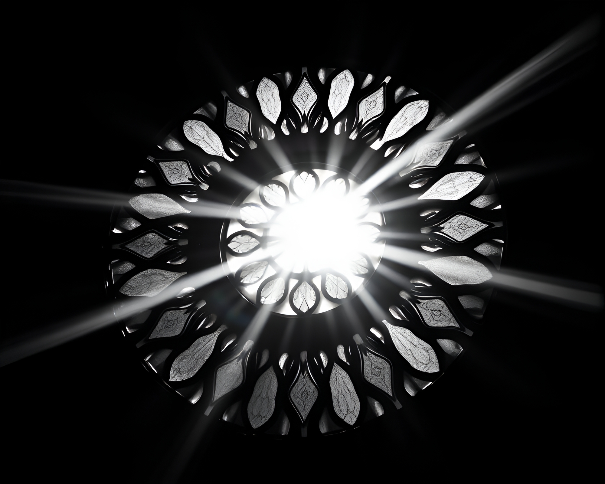 Ethereal Sunburst in Noir Stained-Glass Window – free AI stock image