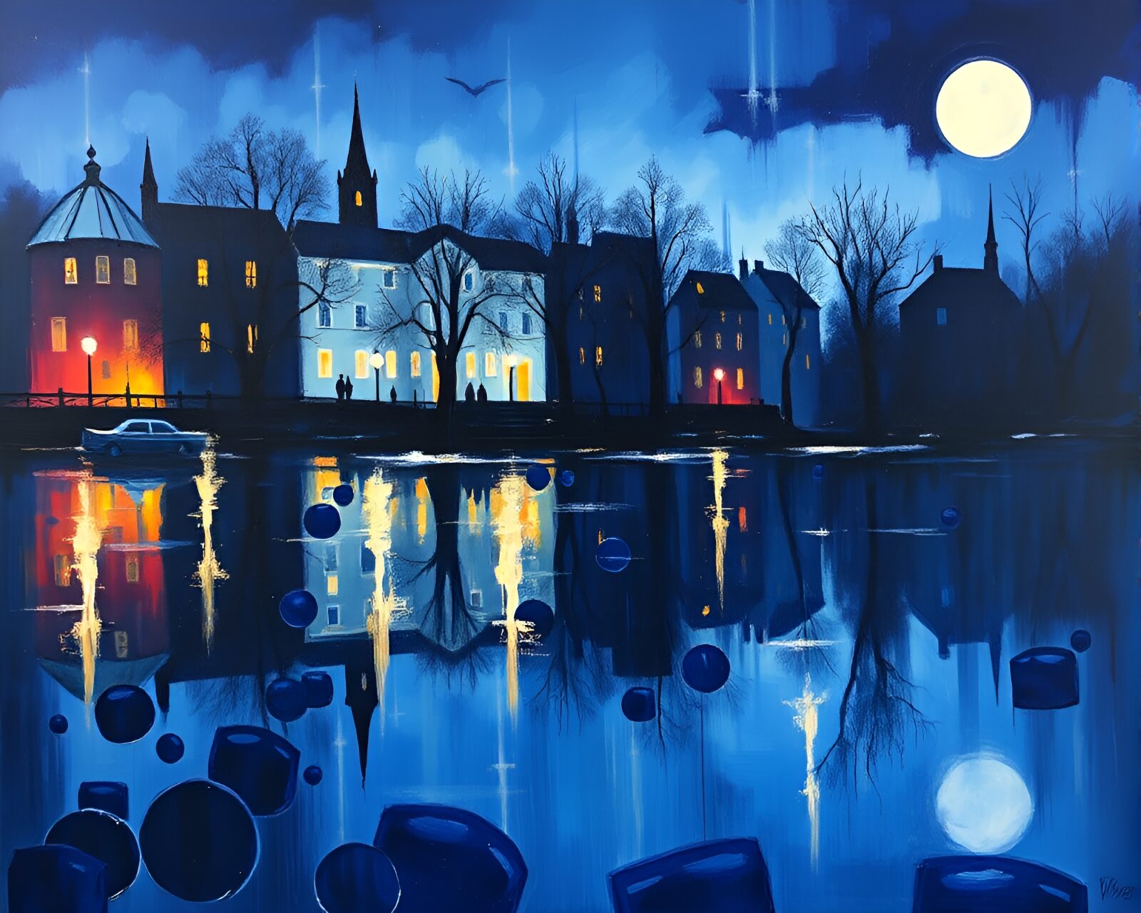 Surreal scene of vampire in cobalt blue reflections