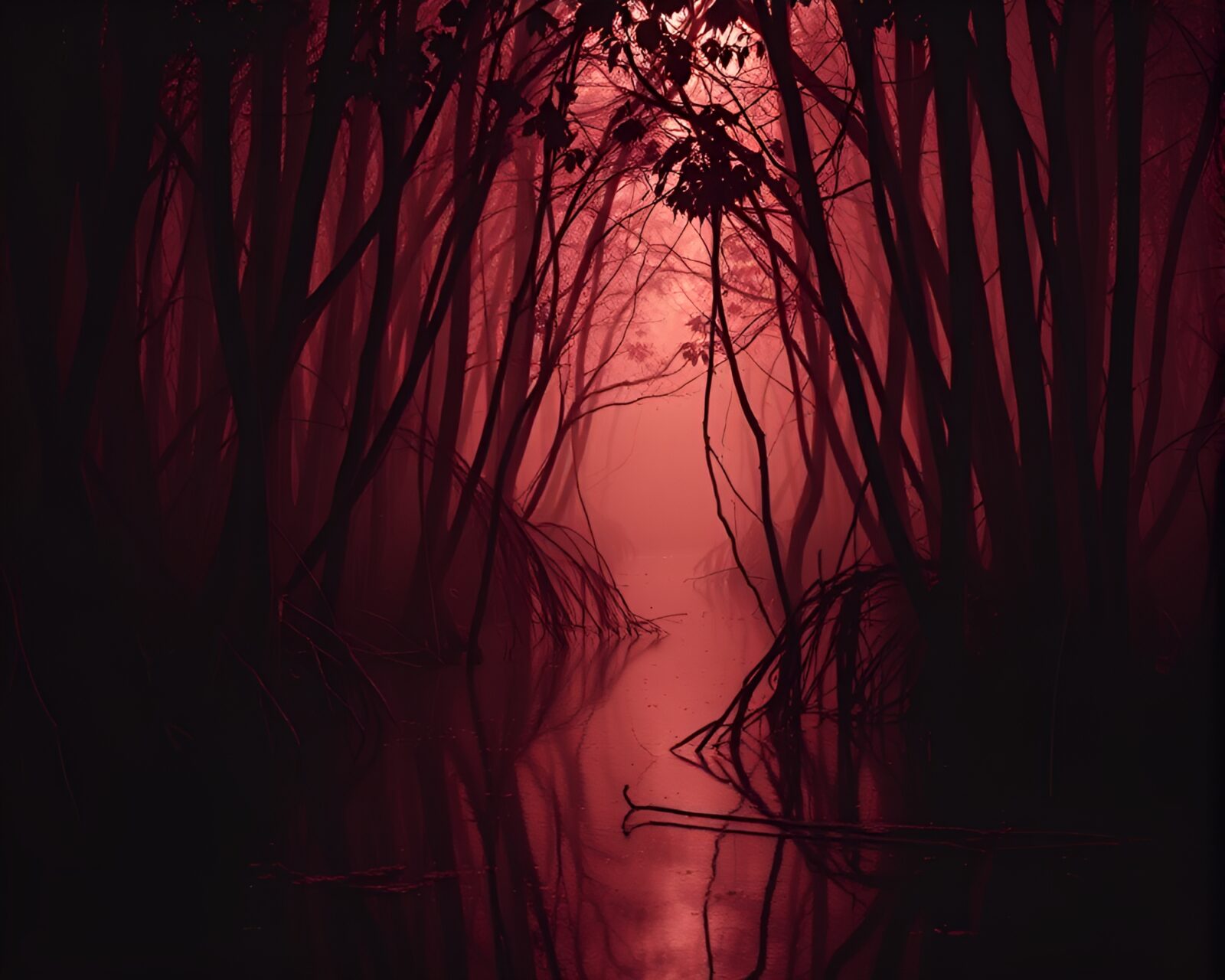 Chiaroscuro monochrome red image of water droplets in mangrove swamp
