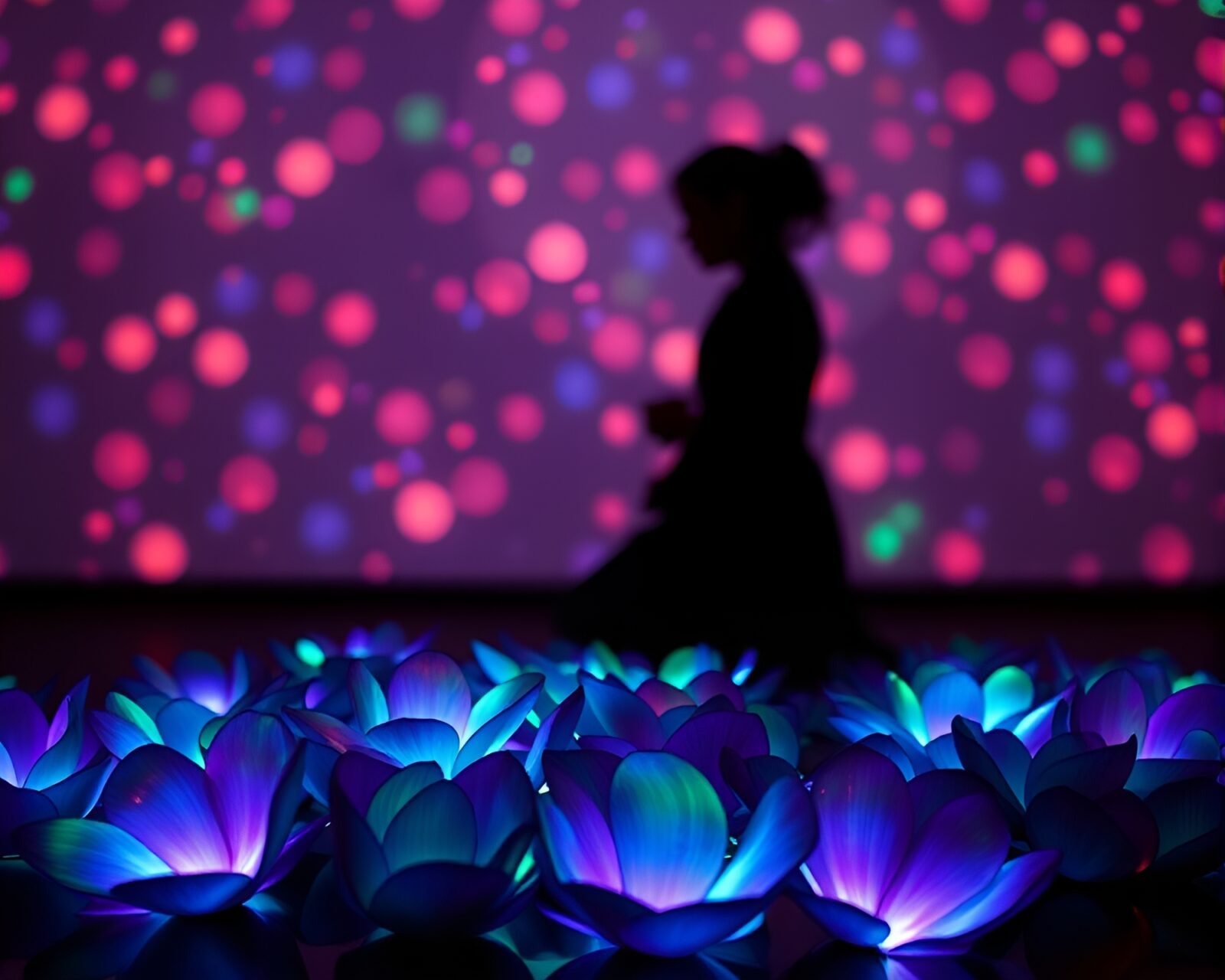 Backlit holographic flower petals shining in fluorescent lighting silhouette