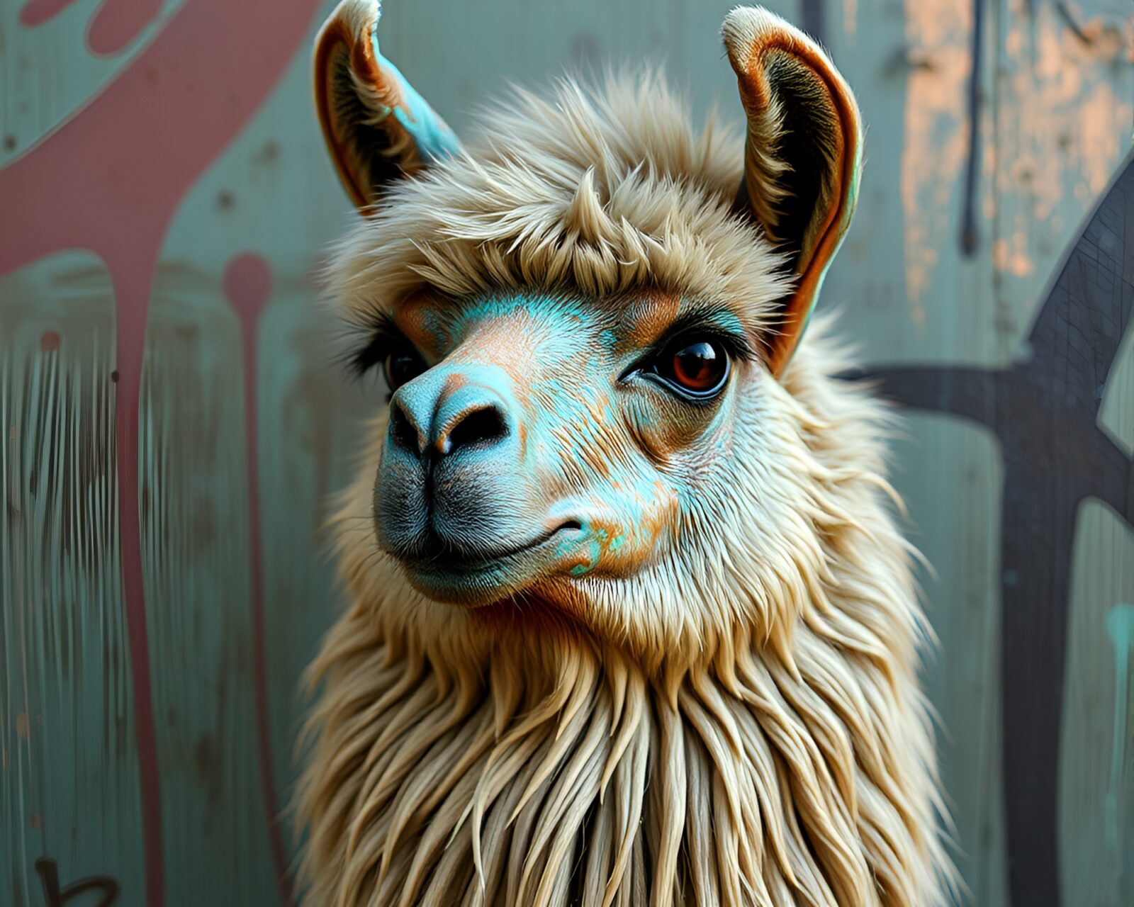 Copper verdigris llama amongst colorful graffiti in cinematic lighting