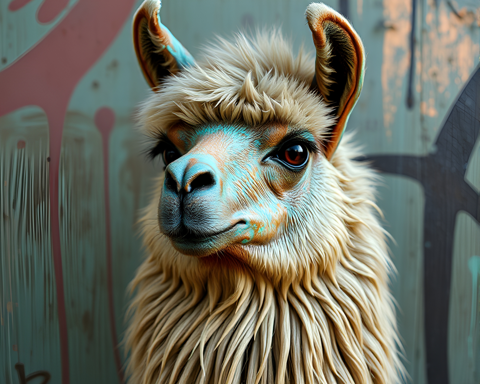 Verdigris Llama in Spray Painted Urban Mirage – free AI stock image