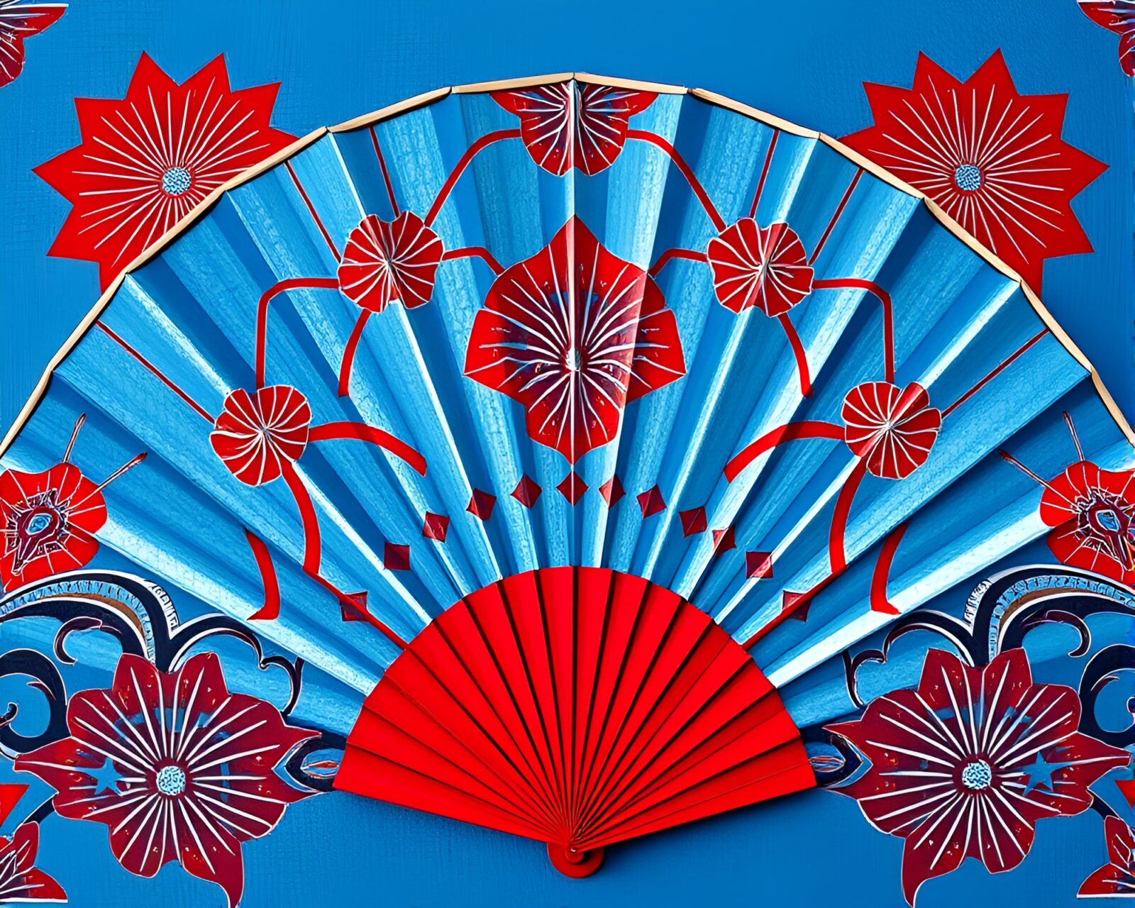 An intricate hand-painted fan featuring red and blue geometric patterns