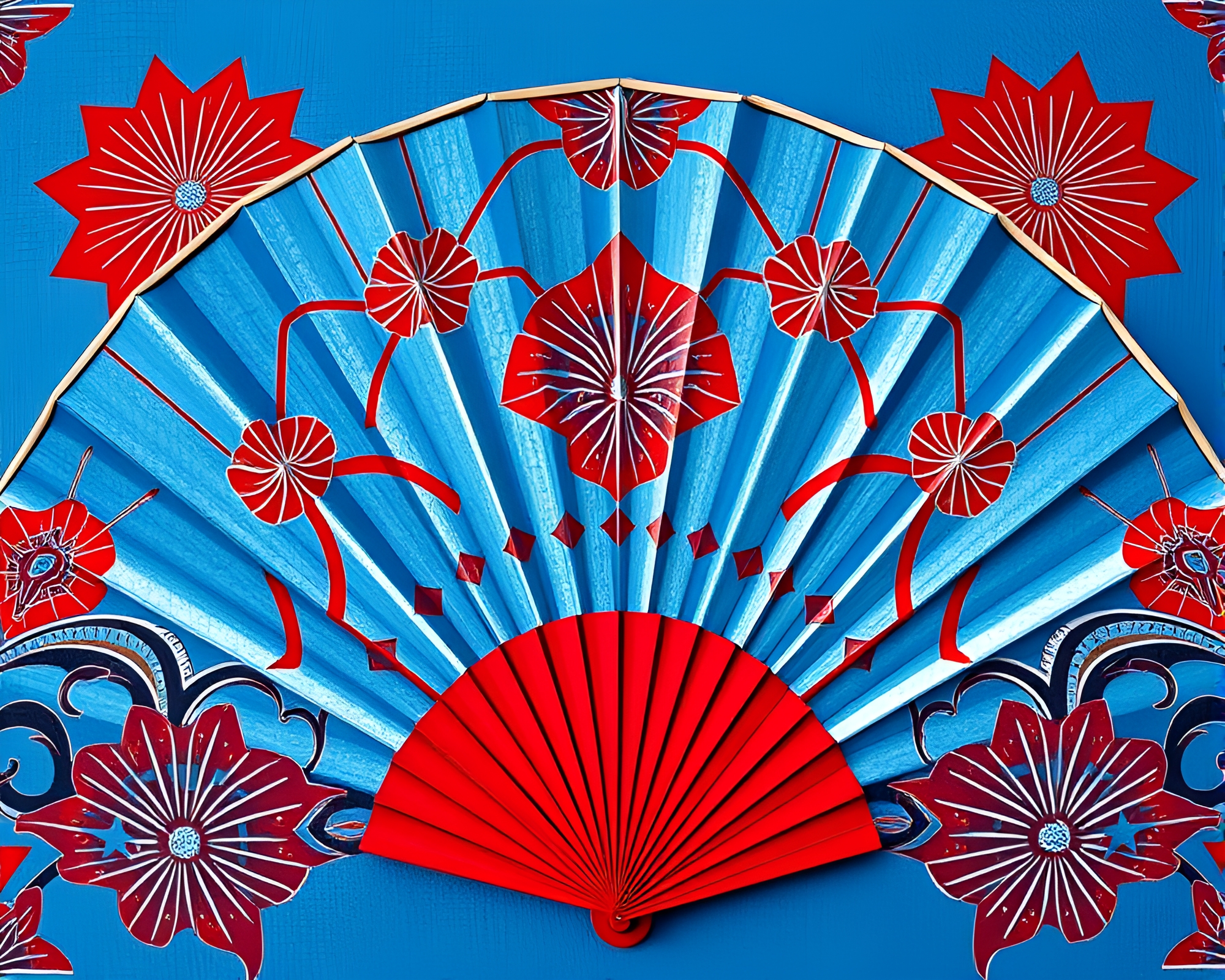 Hand-painted Fan in Duotone Red-Blue Geometric Divisionism – free AI stock image