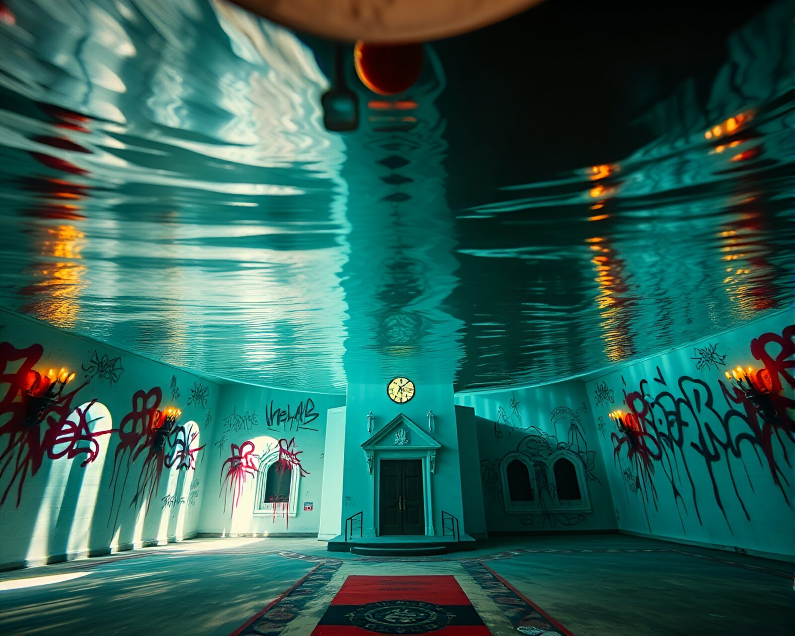 Asymmetrical graffiti art underwater church dome with candlelight