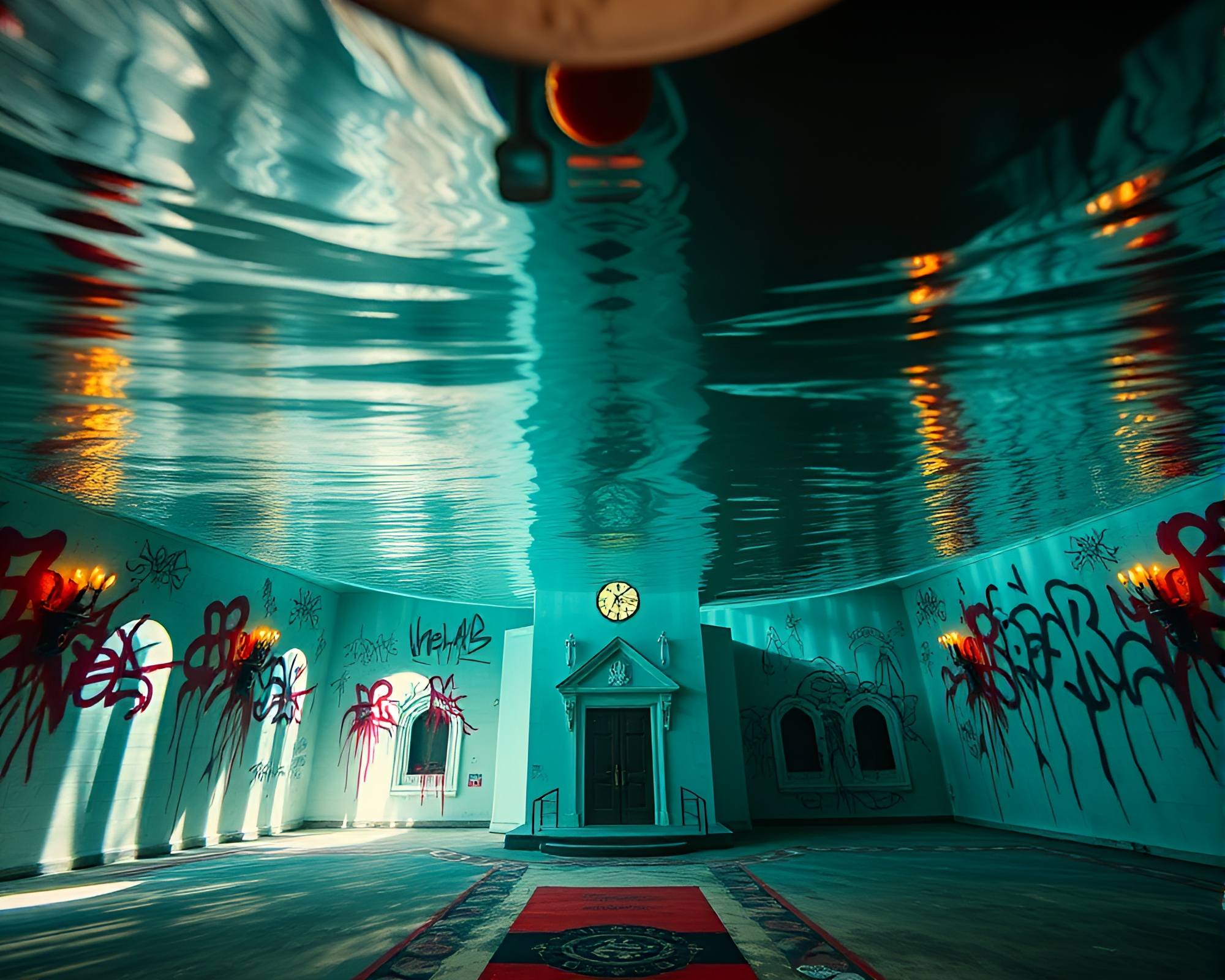 Surreal Underwater Dome Illuminated by Graffiti Candlelight – free AI stock image