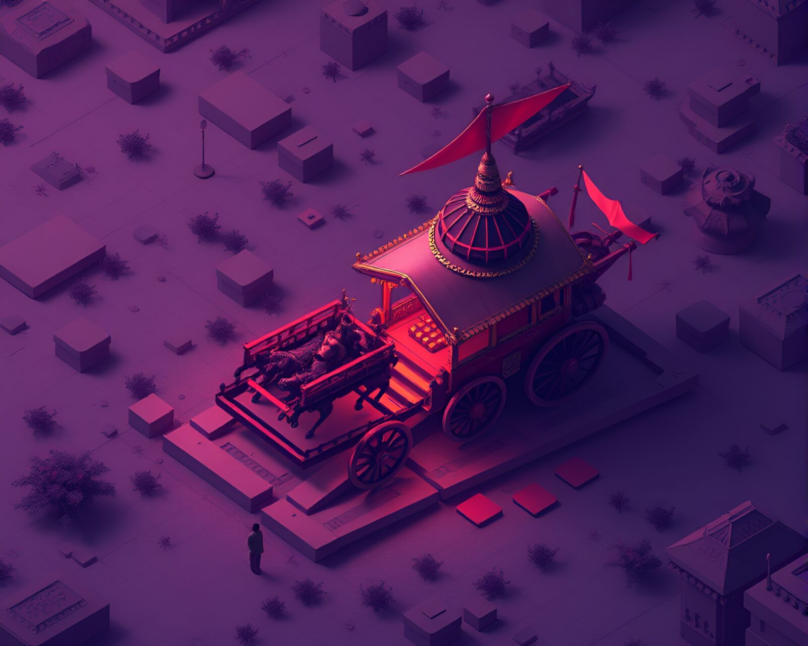 Bird's eye view illustration of a twilight-purple toned chariot