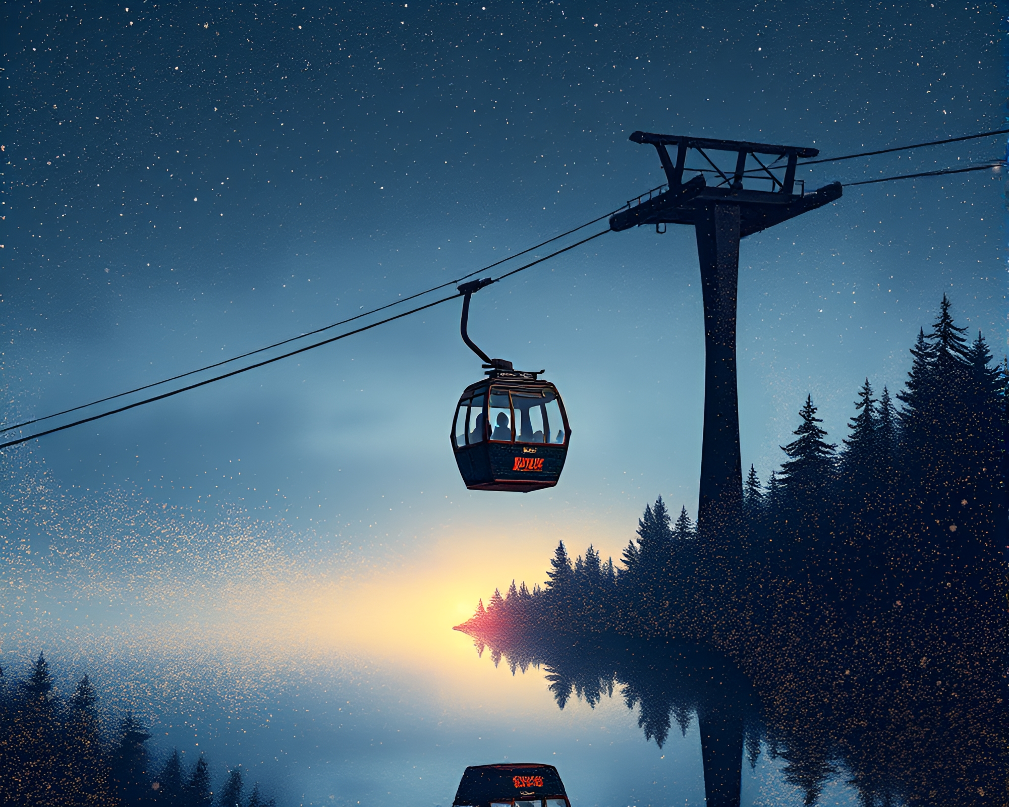 Gondola Lift Reflection Silhouette Technical Illustration – free AI stock image