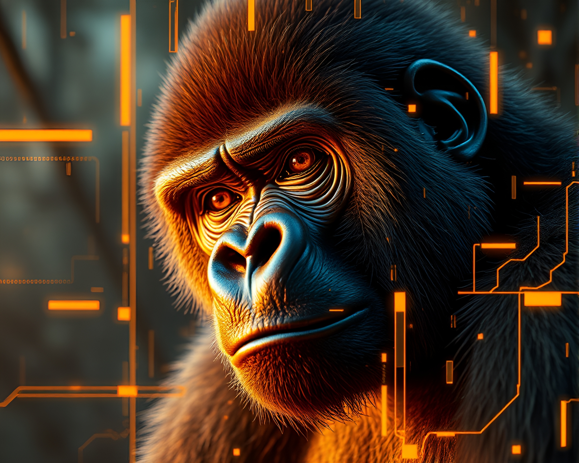 Futuristic Gorilla HUD Overlay in Savannah Sunset – free AI stock image
