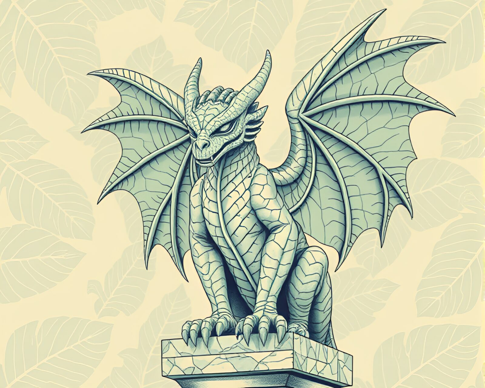 Muted pastel drawing of gargoyle statue with leaf vein patterns