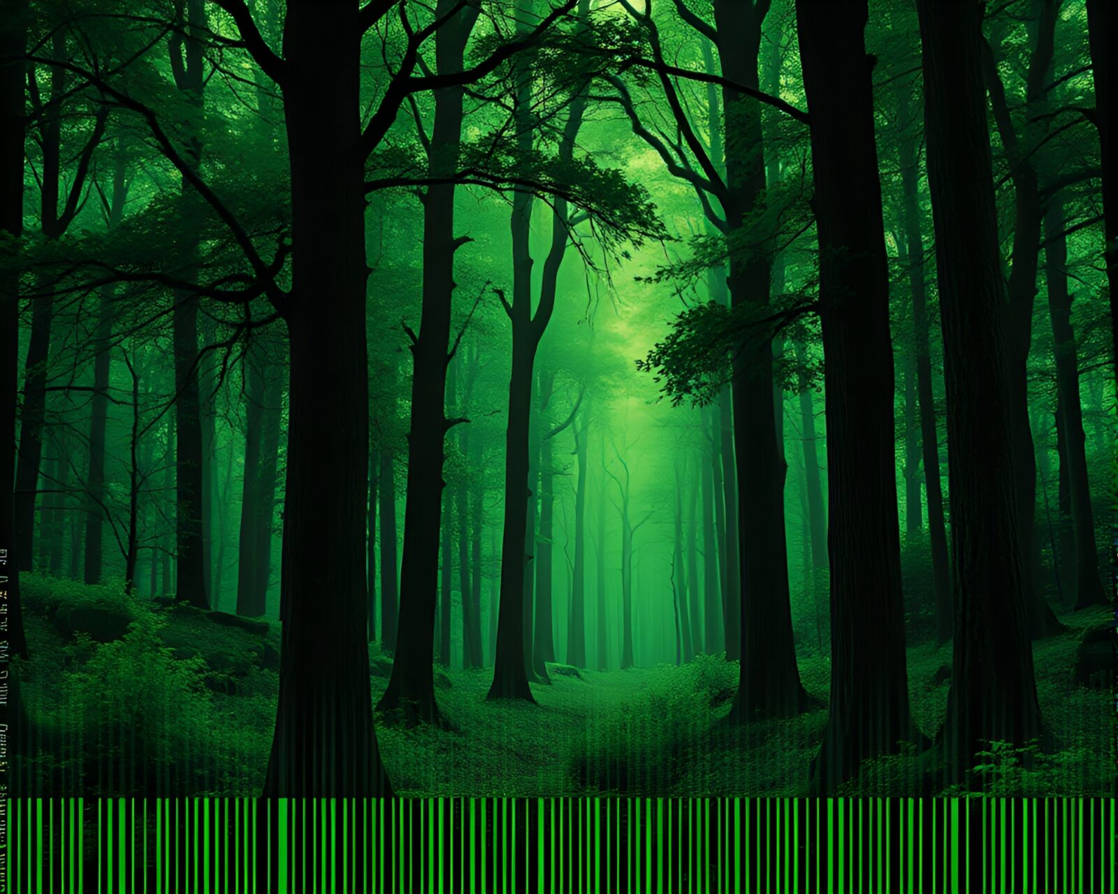 Lithographic enchanted forest with barcode stripe in mind palace