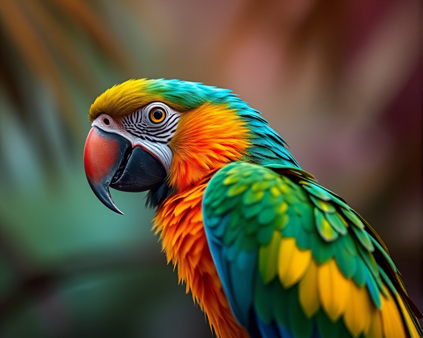 Vibrant parrot blending with ethereal aurora colors in contour style