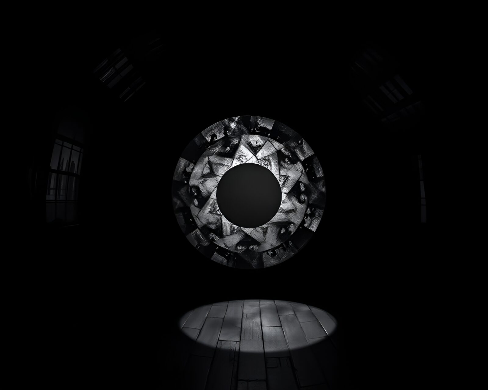 Mysterious fractal overlay magic circle in atmospheric film noir attic