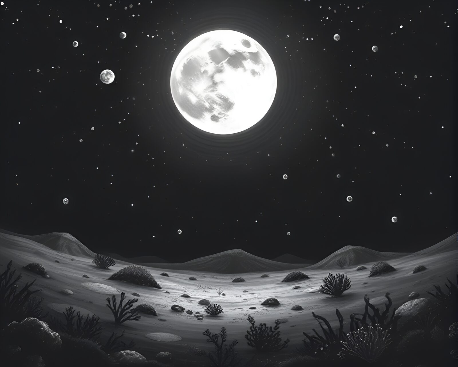 Underwater scene with mildew spots, lunar lighting, medical style
