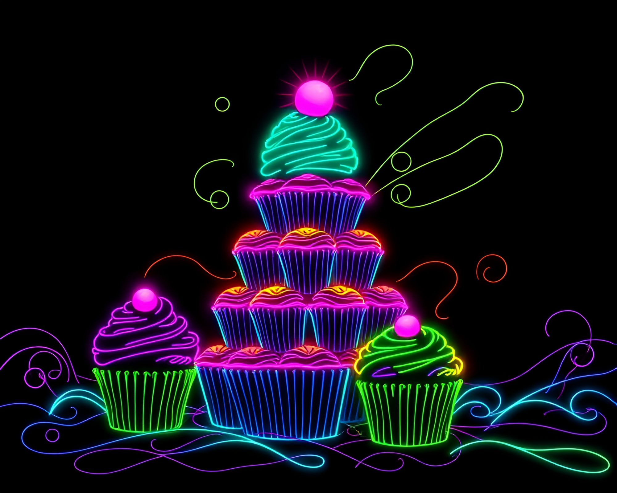 Cupcake Tower Illuminated in Fluorescent Action Painting – free AI stock image