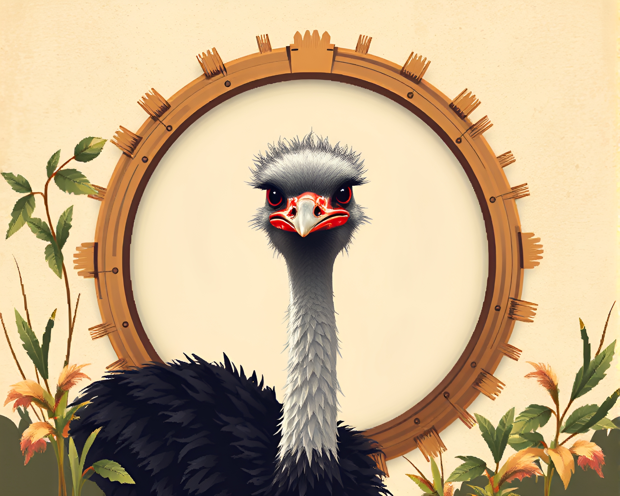 Retro Pixel Art Ostrich Under Natural Frame Canopy – free AI stock image