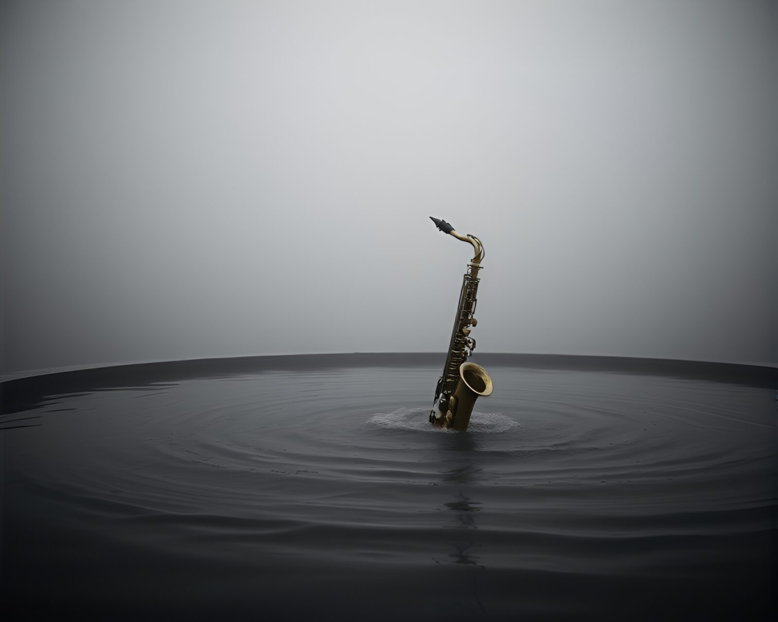 Tenebristic saxophonist playing by swirling waters in desaturated tones
