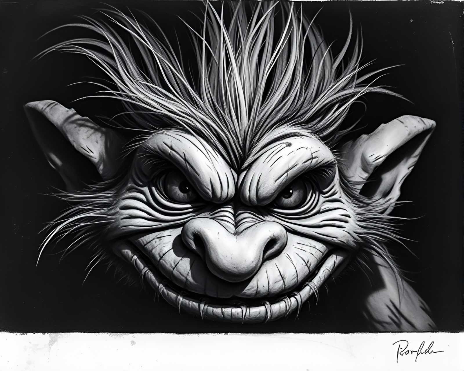 Eerie Troll Close-up: Ink Wash Composition