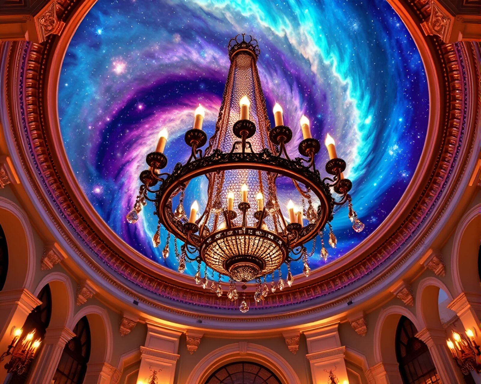 Ethereal Victorian chandelier with swirling galaxy colors