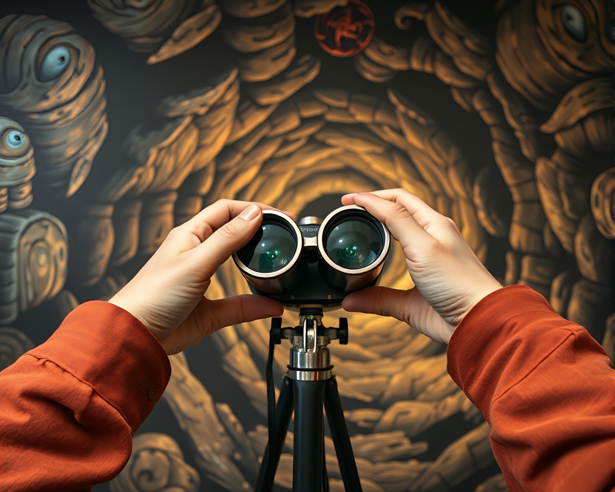 Spiral Binoculars in Dungeon Torchlight Mural Painting – free AI stock image
