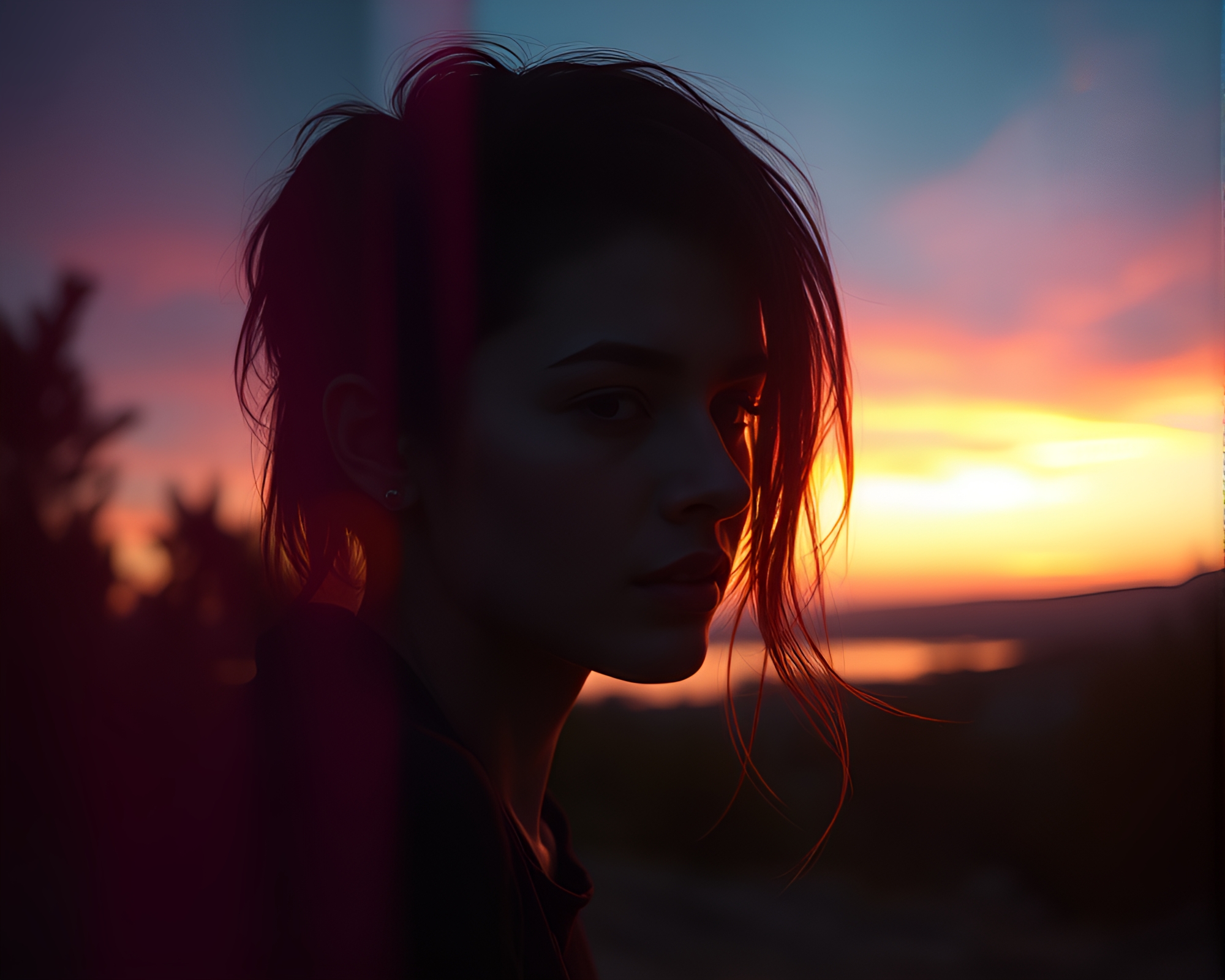 Vaporwave Sunset Portrait with Holographic Sheen – free AI stock image