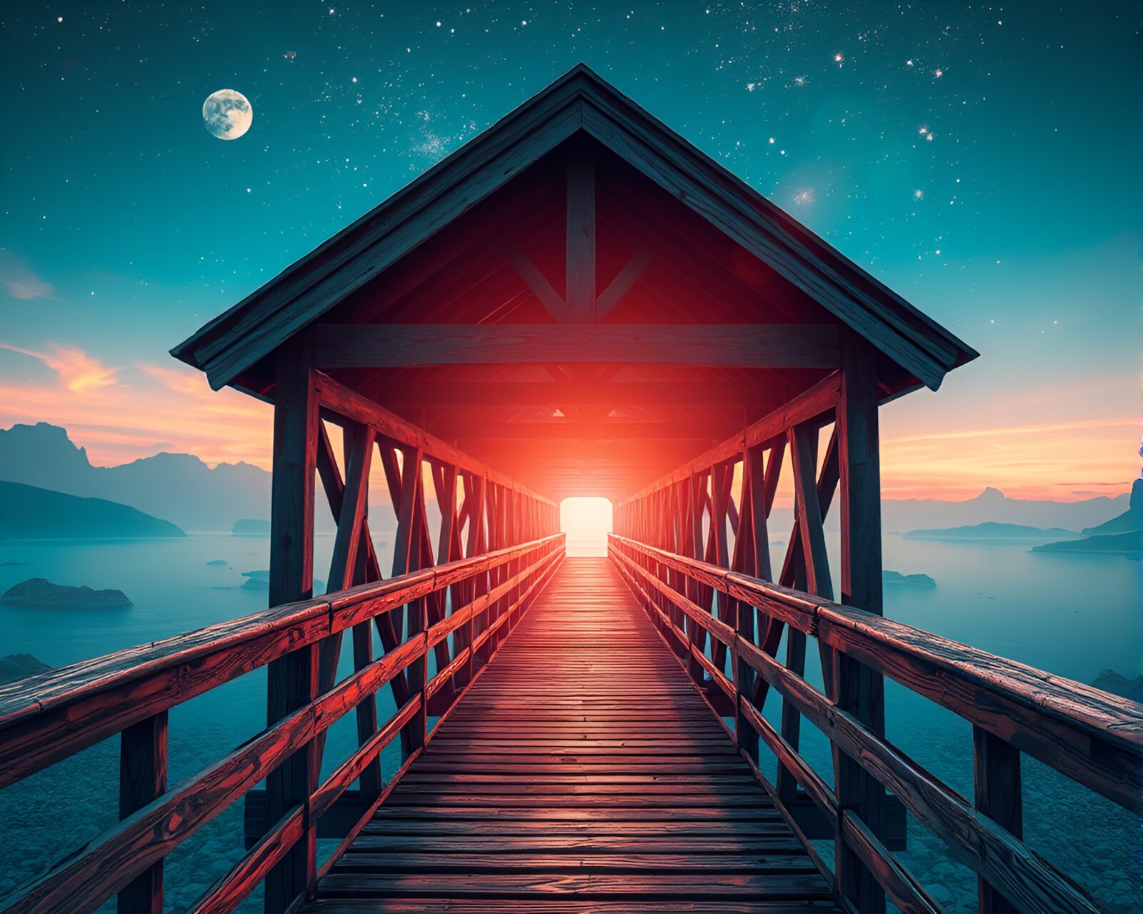 Écorché study of wooden bridge beneath planetary pastel lighting