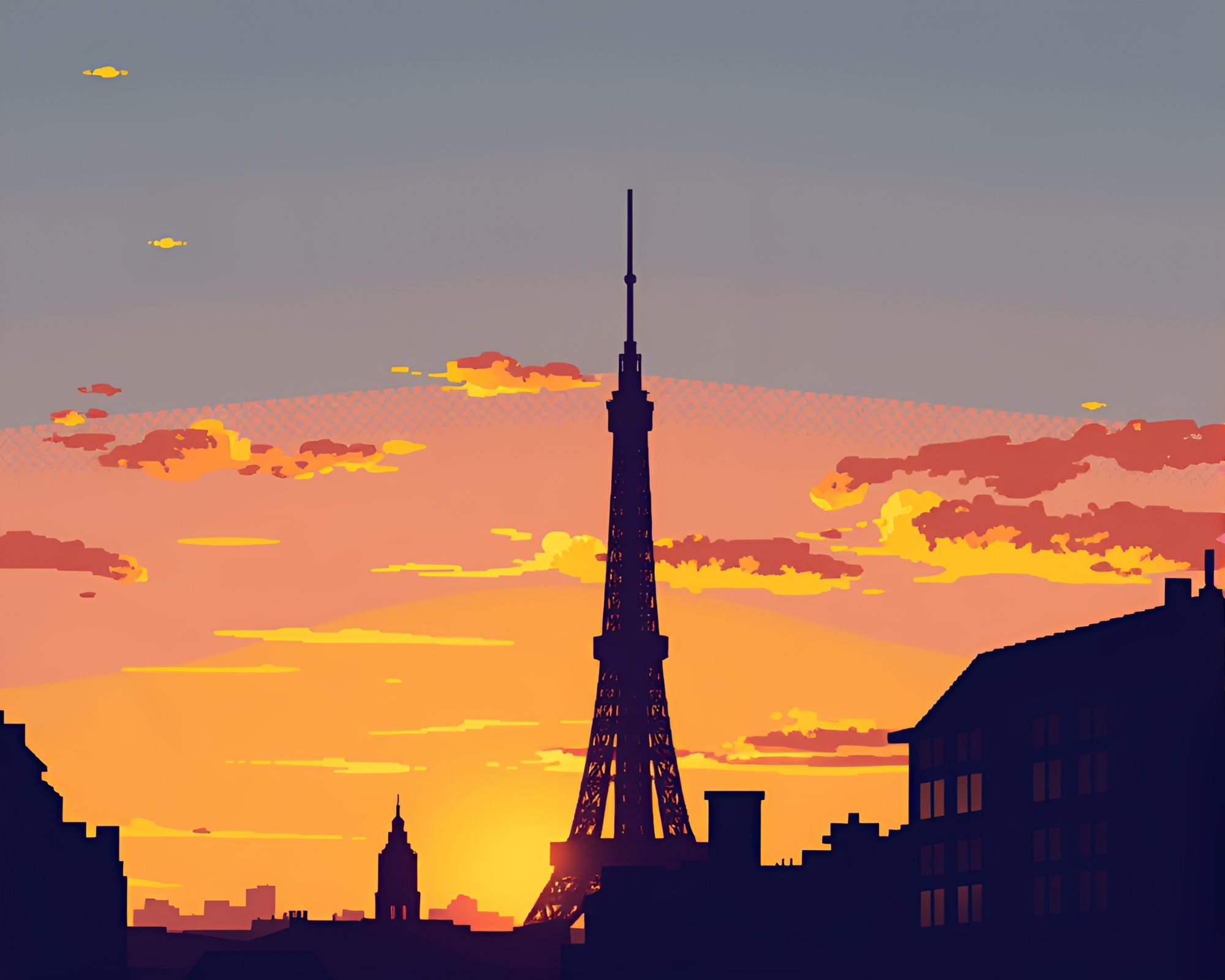 Tower Reflection Silhouette in 16-Bit Dusk – free AI stock image