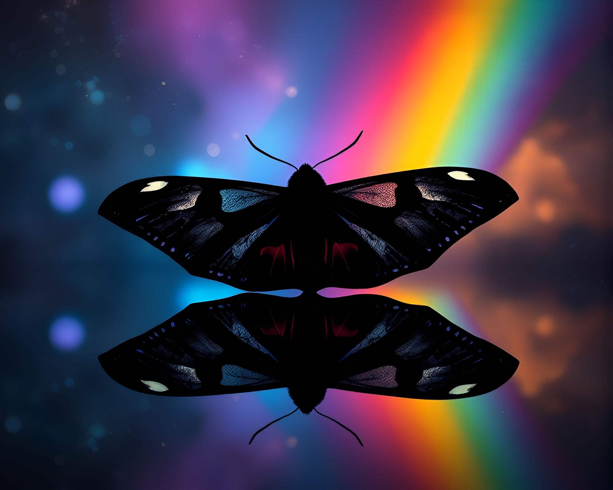 Cosmic Moth Silhouette Reflecting Rainbow Lights – free AI stock image