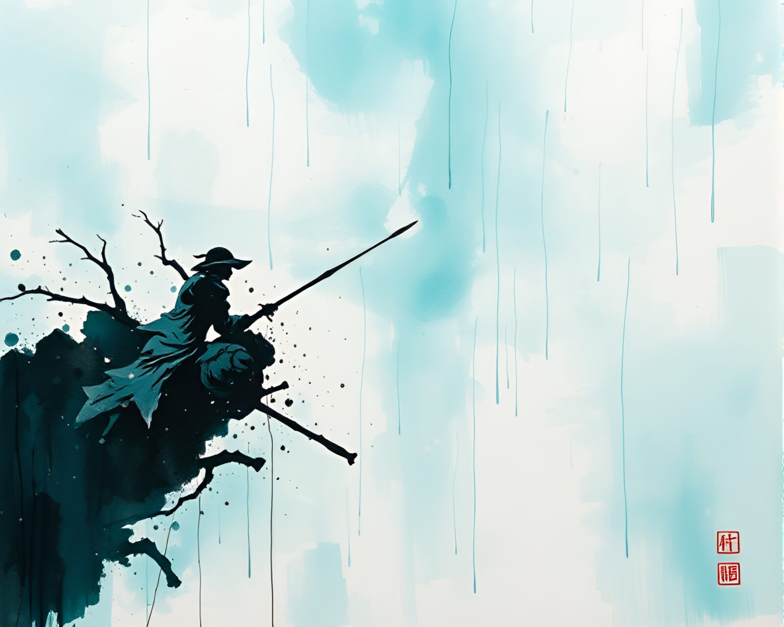 Abstract art of turquoise raindrops surrounding a serene battle mech