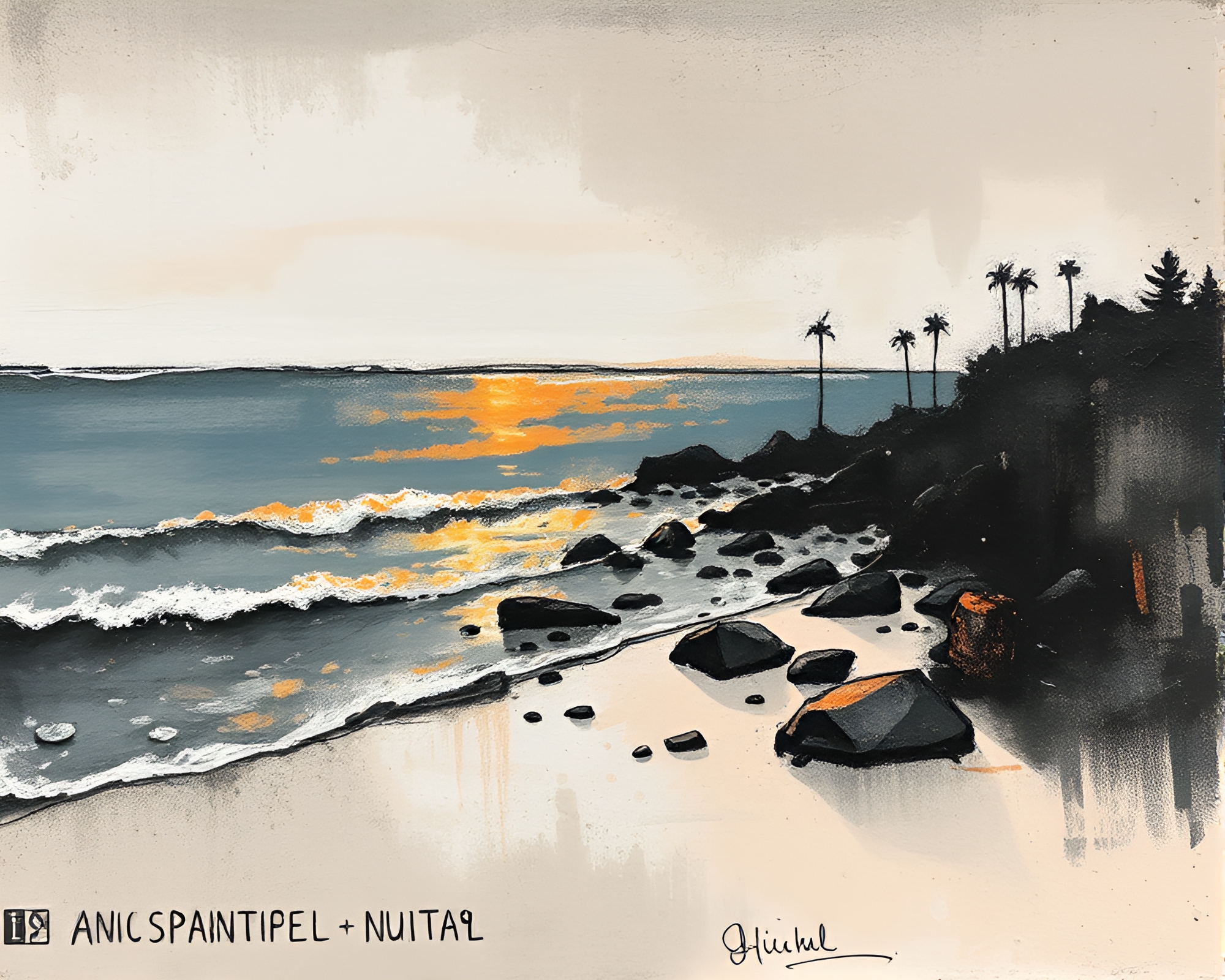Sunset Beach Splatter: Copper Tones Sketch – free AI stock image