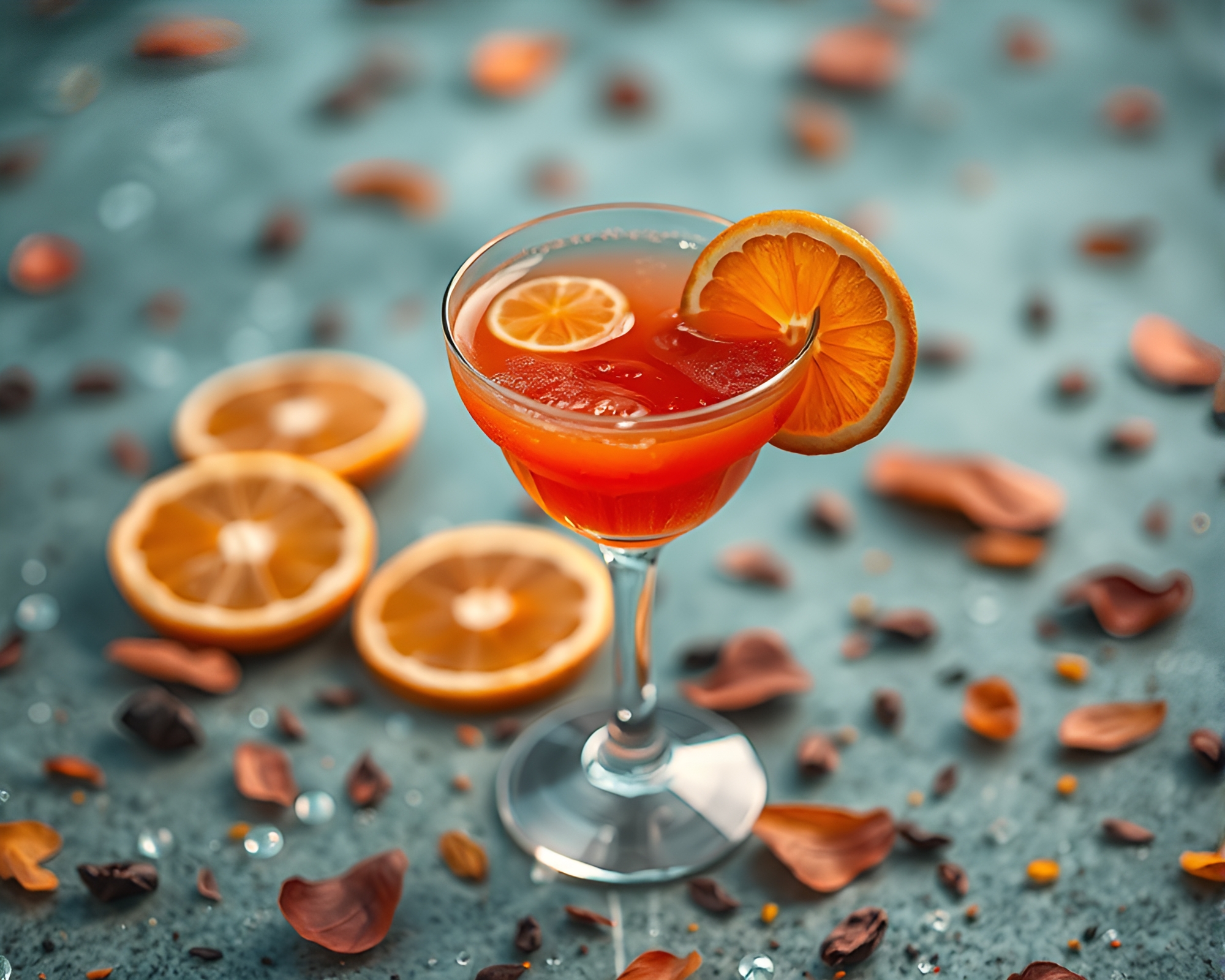 Enchanting Blood Orange Cocktail on Turquoise Particle Simulation – free AI stock image